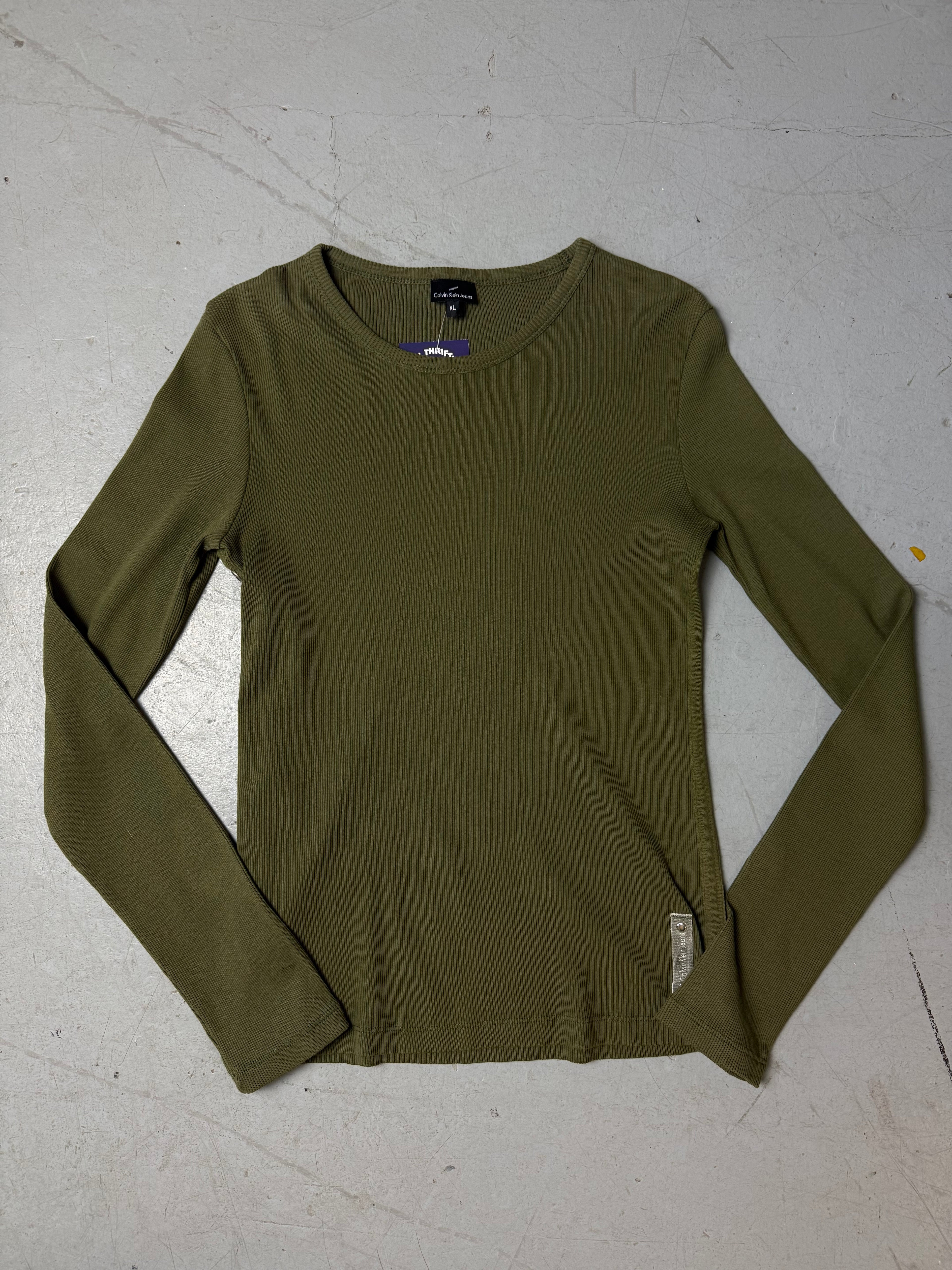 Vintage Calvin Klein Green Ribbed Longsleeve for girls. Y2K Second Hand 2000s Fashion 