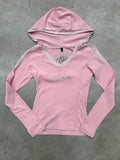 Vintage AngelDevil Pink and White Hooded Longsleeve für Herren Y2K Second Hand Fashion