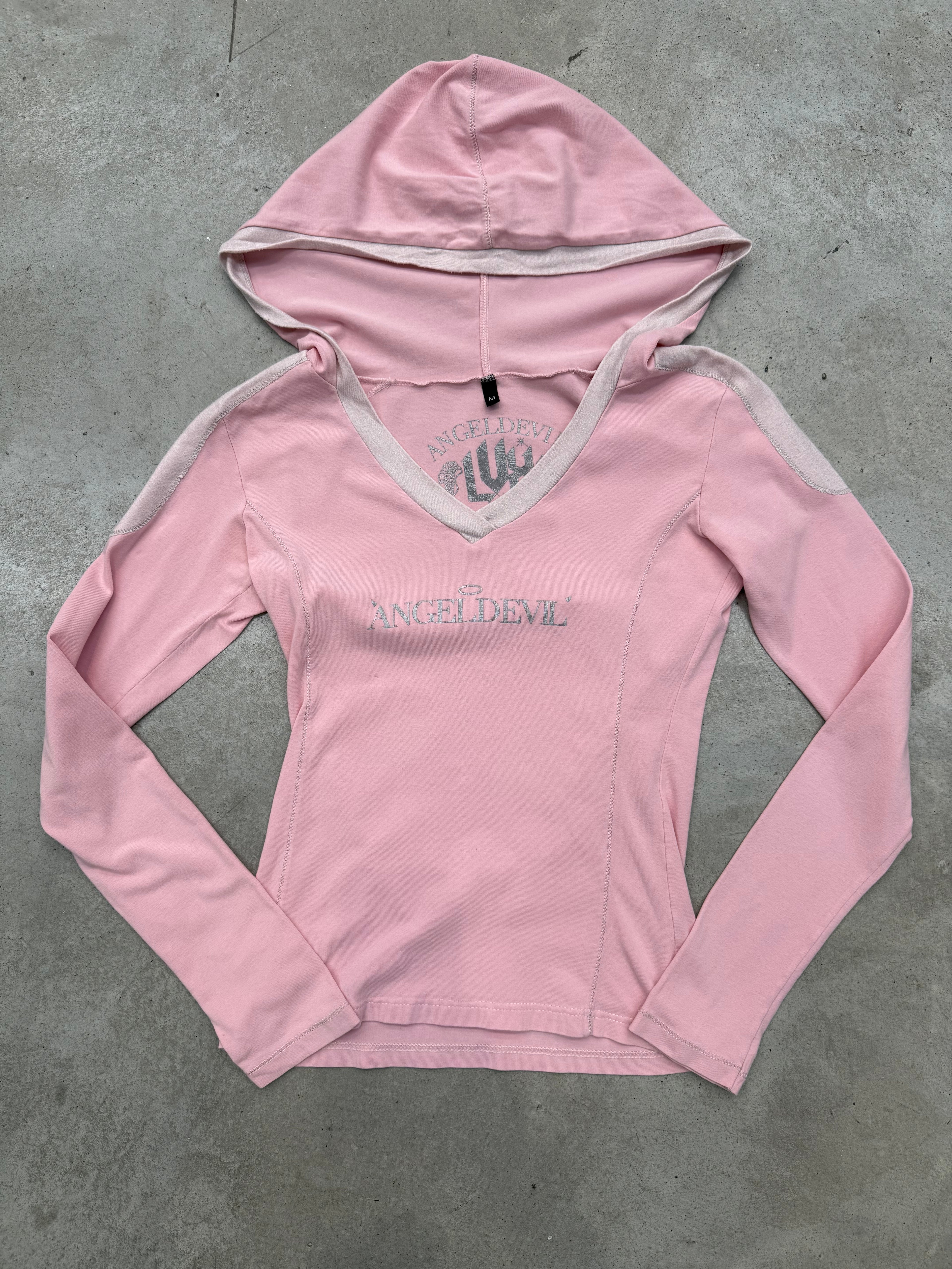 Vintage AngelDevil Pink and White Hooded Longsleeve für Herren Y2K Second Hand Fashion