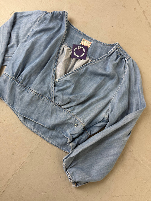 Vintage Guess Denim Half Sleeve Crop Top für Damen. Y2K Second Hand 2000s Fashion