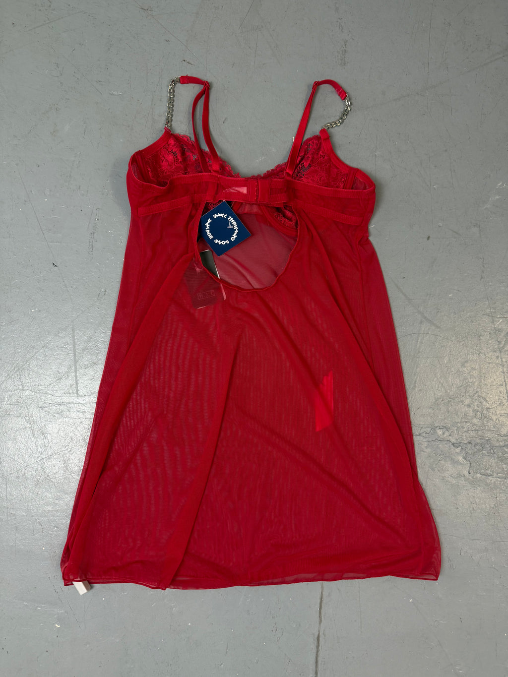 Vintage Red Mesh Top with Rhinestone Straps S