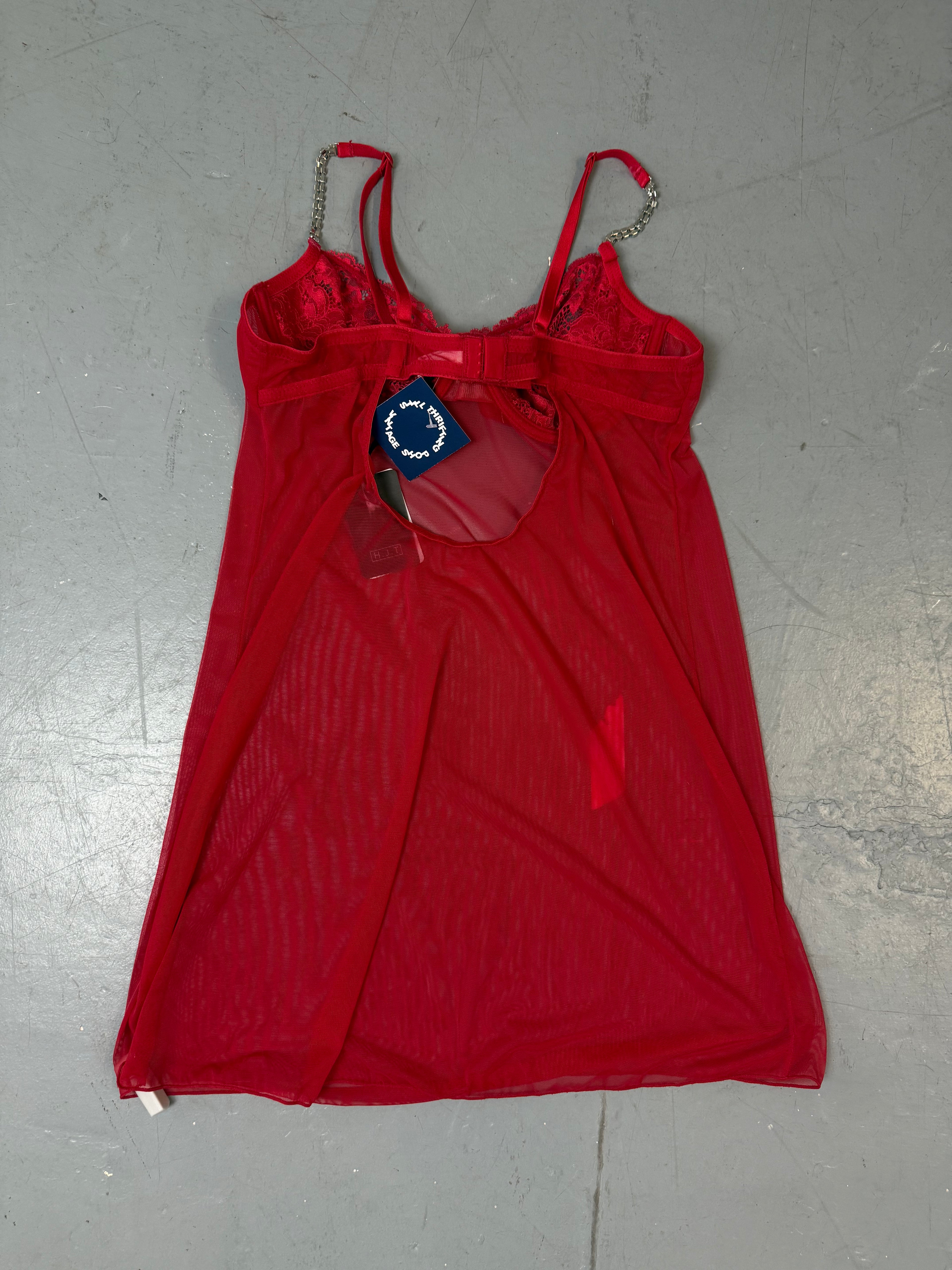 Vintage Red Mesh Top with Rhinestone Straps S
