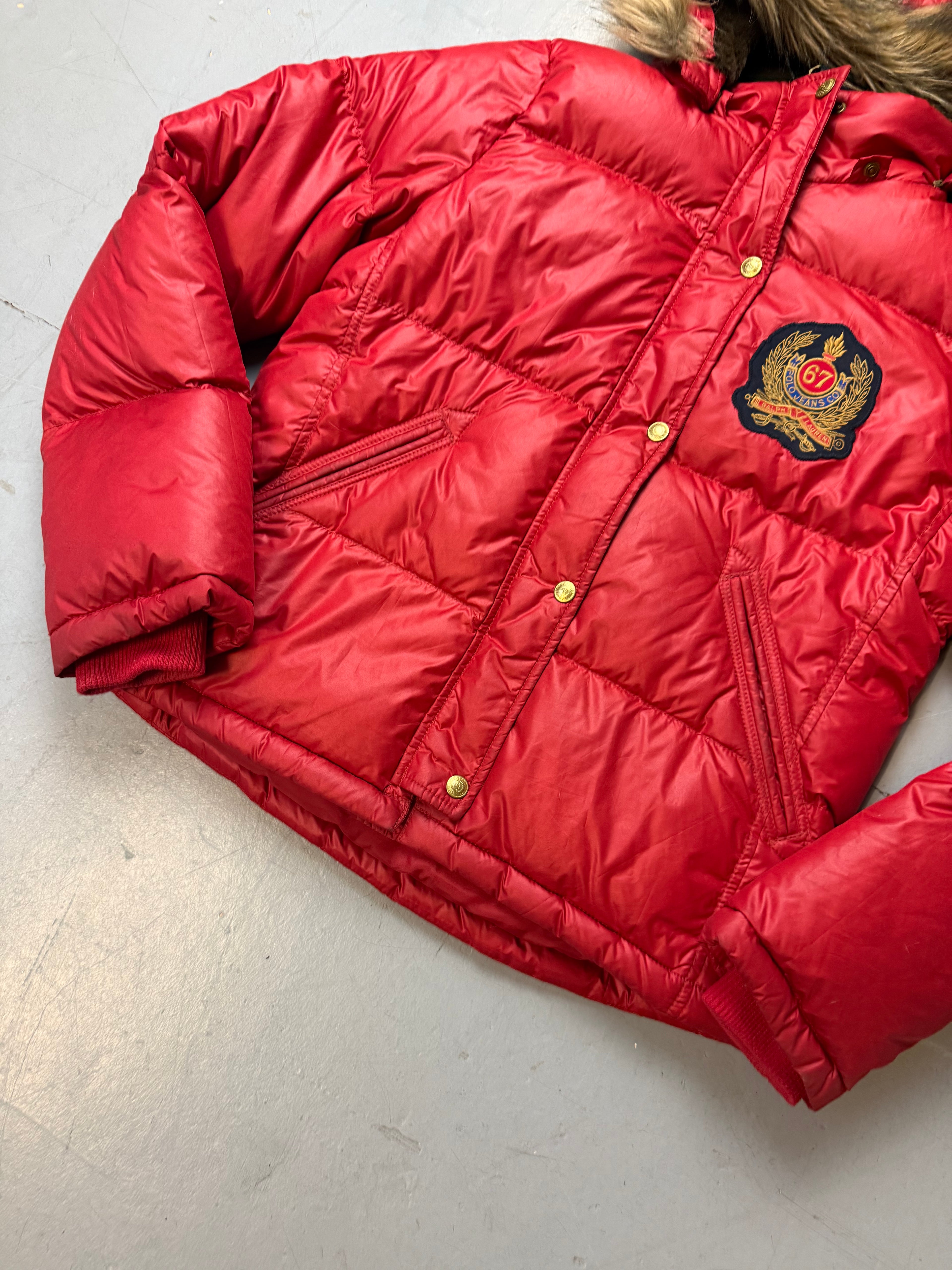 Vintage Polo Ralph Lauren Red Down Jacket with Faux Fur Hood L/XL