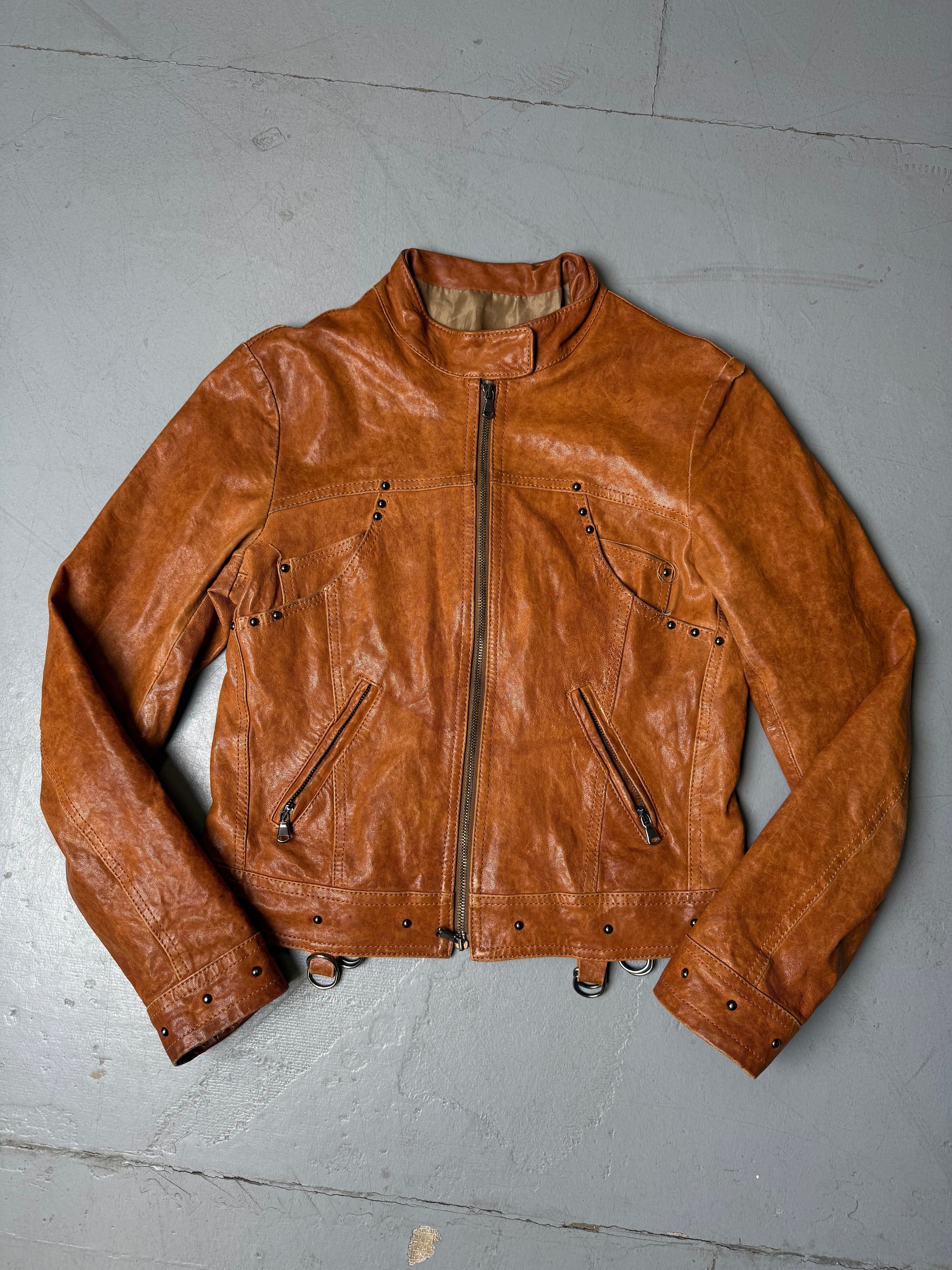 Vintage Blu Gaya Brown Leather Jacket Damen. Y2K Secondhand 2000s Fashion.