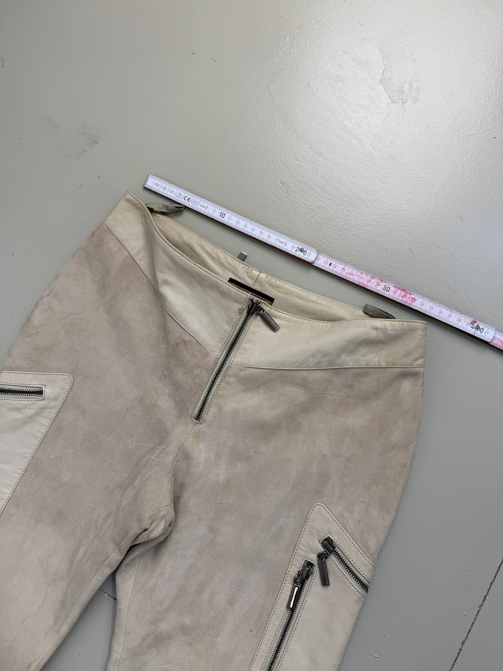 Vintage Beige Flared Leather Pants M