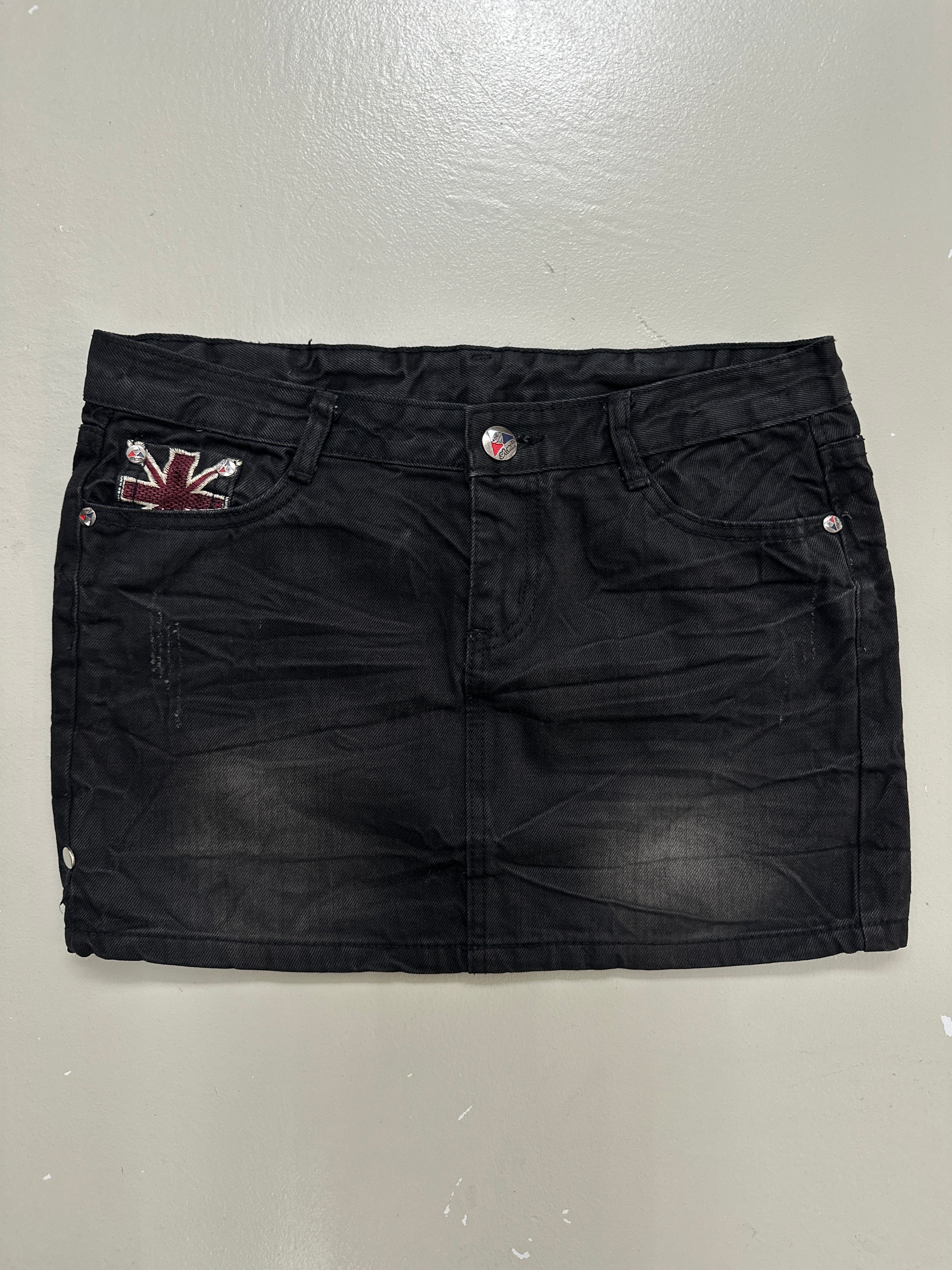 Vintage Black UK Flag Mini Skirt für Frauen. Y2K Second Hand 2000s Fashion