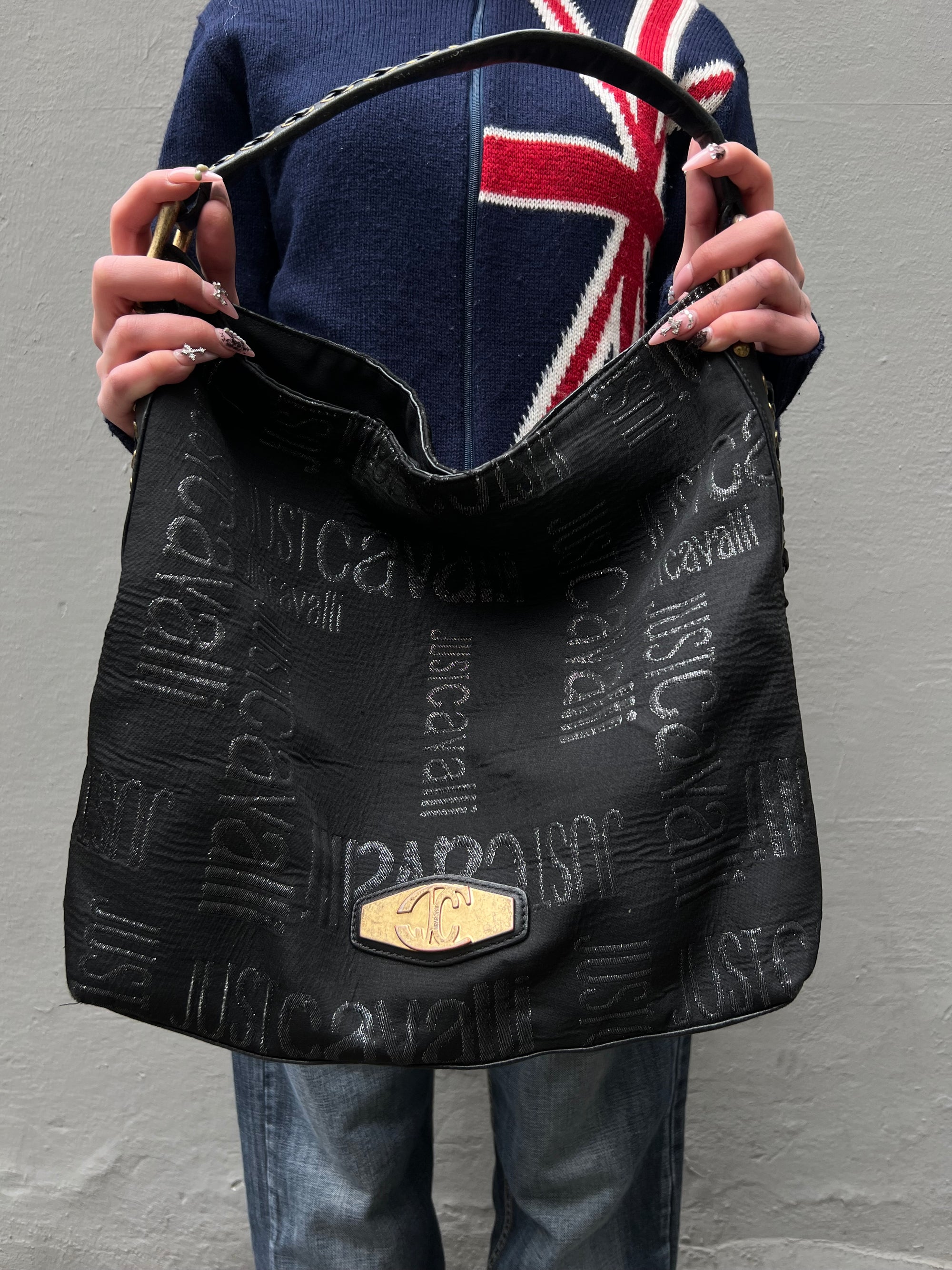 Schwarze große Just Cavalli Shopper Bag mit goldenen Details und Logo Print