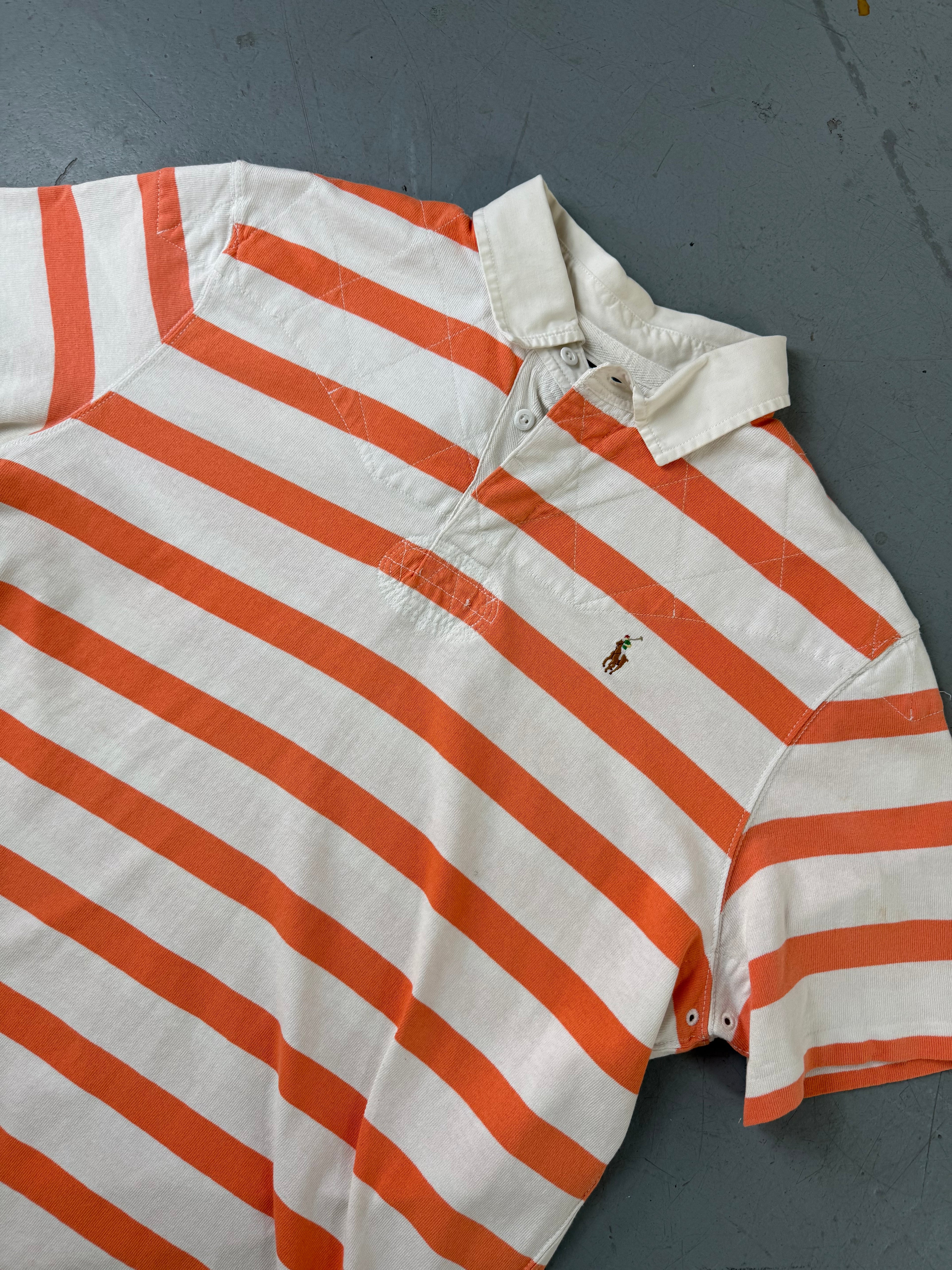 Vintage Polo Ralph Lauren White Orange Striped Polo Shirt für Herren. Y2K Second Hand 2000s Fashion