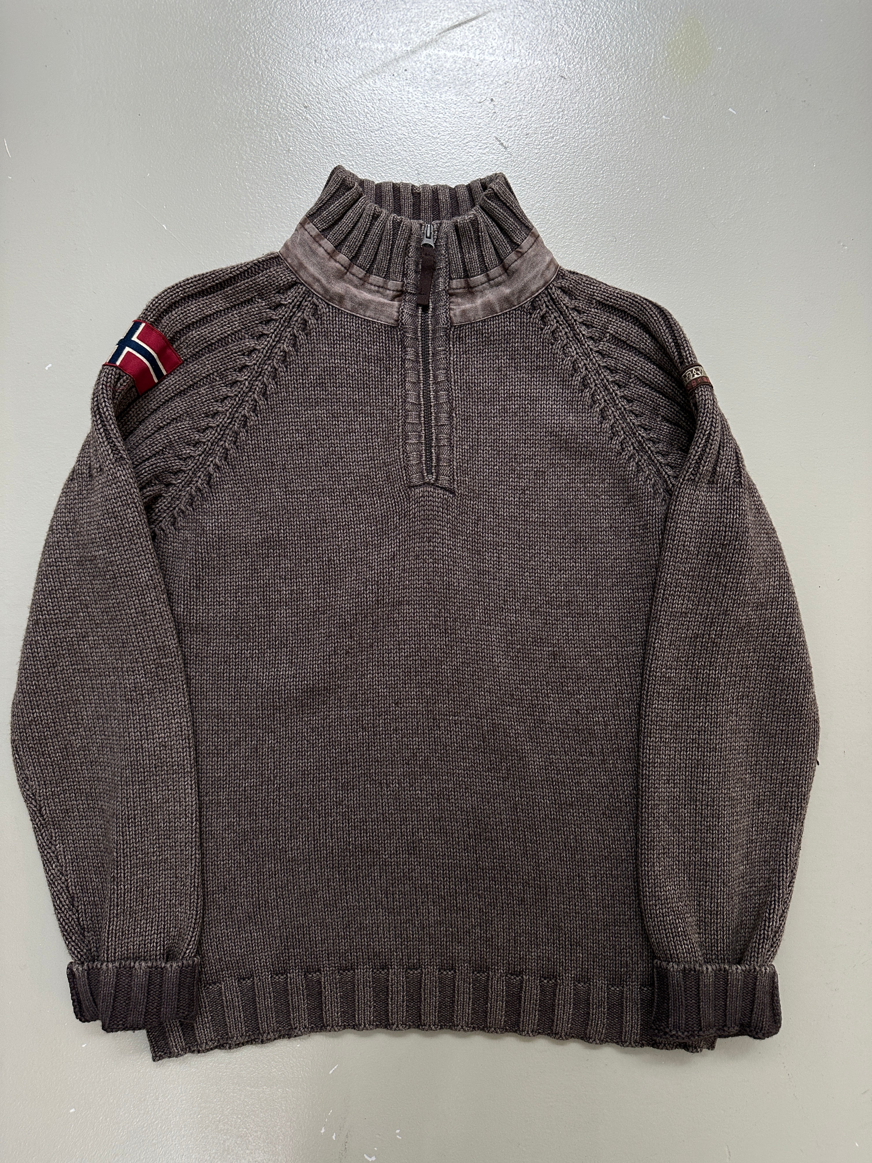 Vintage Napapijri Brown Quarter Zip Knit Sweater für Herren. Y2K Second Hand 2000s Fashion 