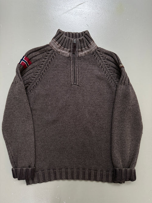 Vintage Napapijri Brown Quarter Zip Knit Sweater für Herren. Y2K Second Hand 2000s Fashion 