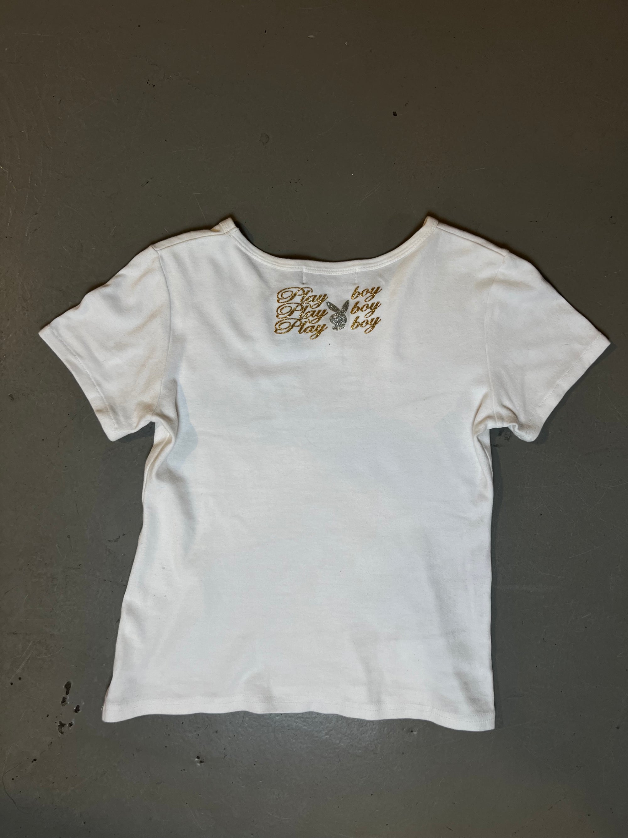 Vintage Playboy White Tee with Gold Rhinestones M