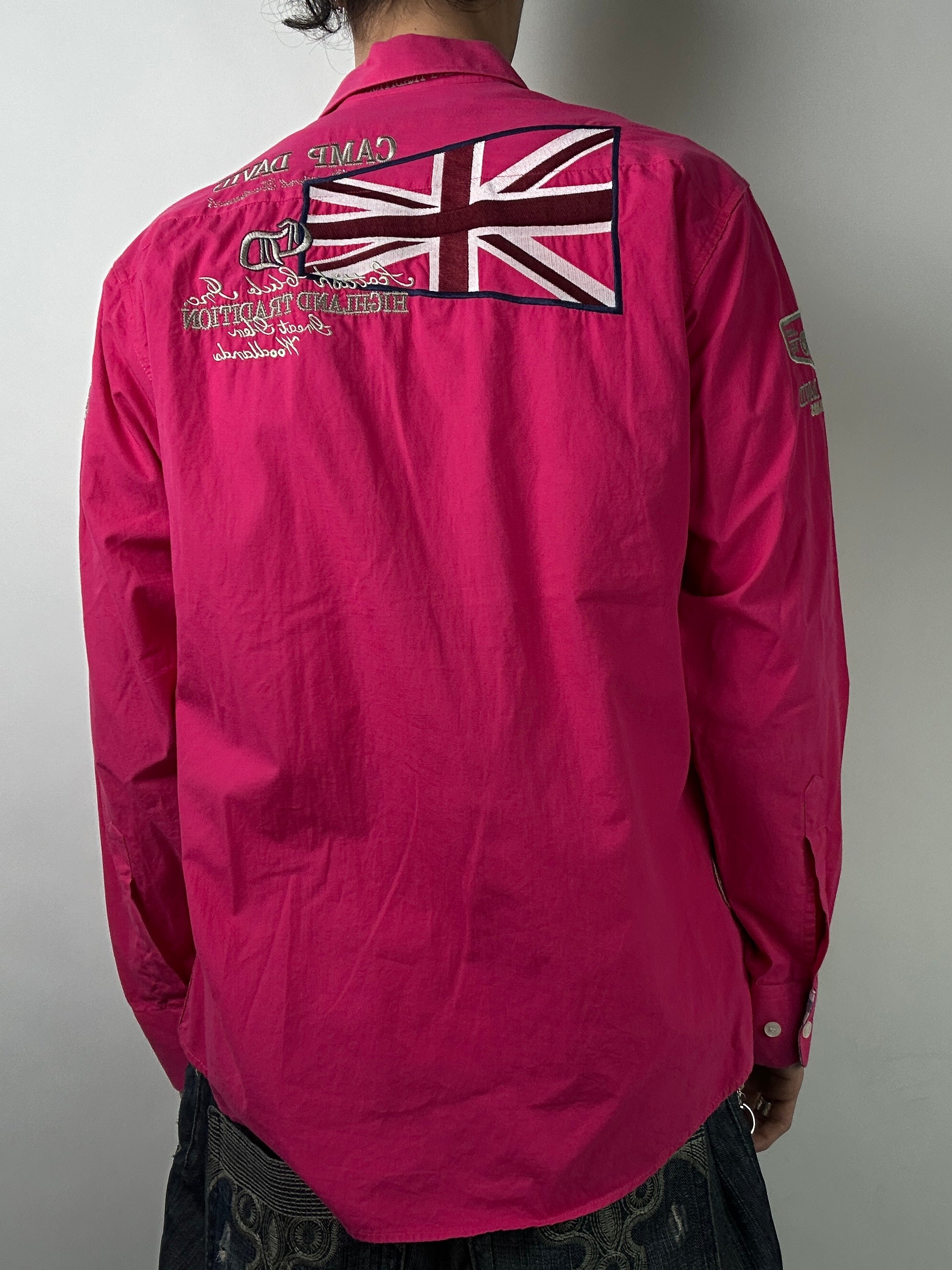 Vintage Camp David Pink Y2K Printed Button Up Shirt L