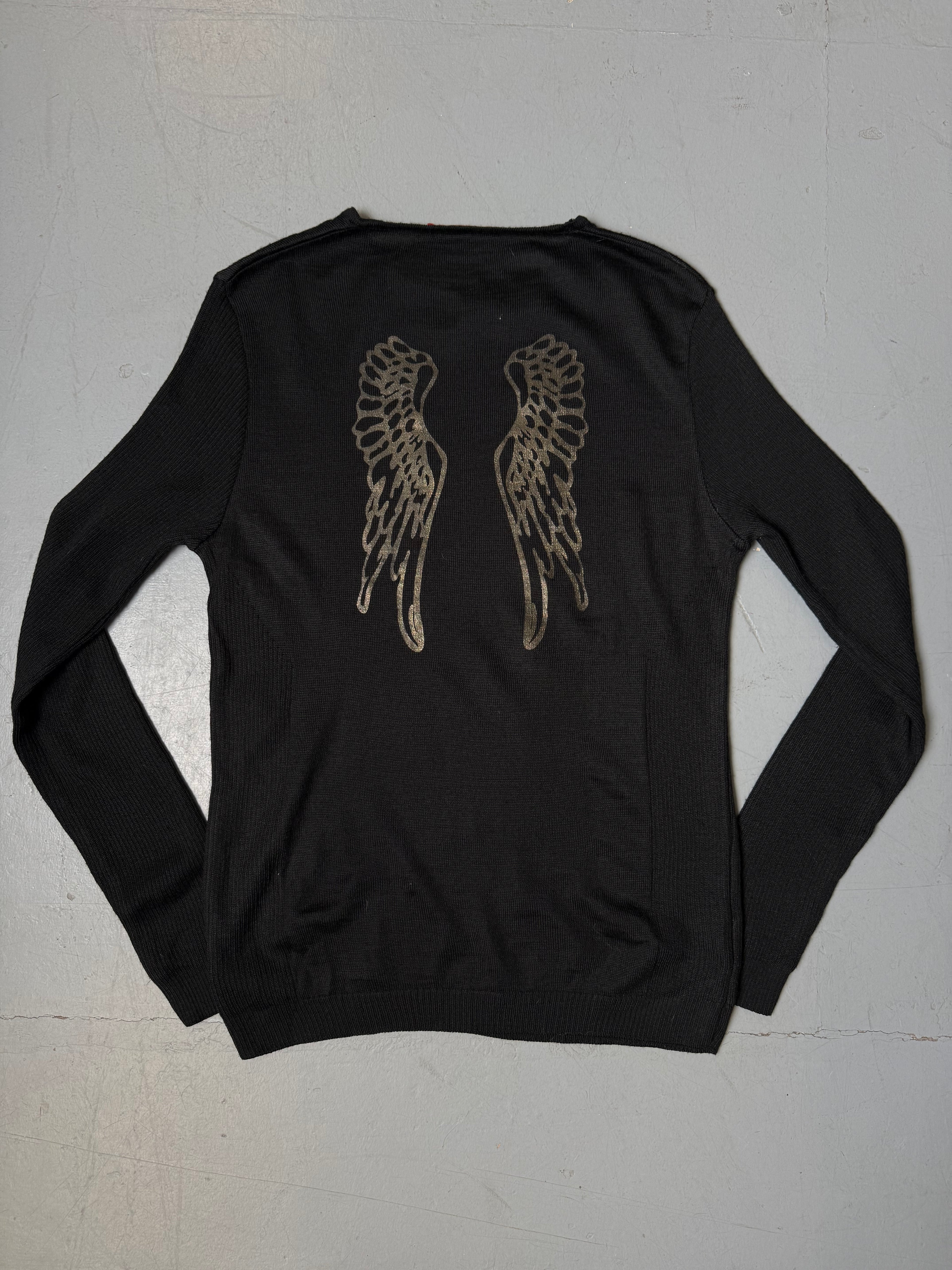 Vintage Angel Devil Black Sweater with Gold Details für Damen. Y2K Secondhand 2000s Fashion.