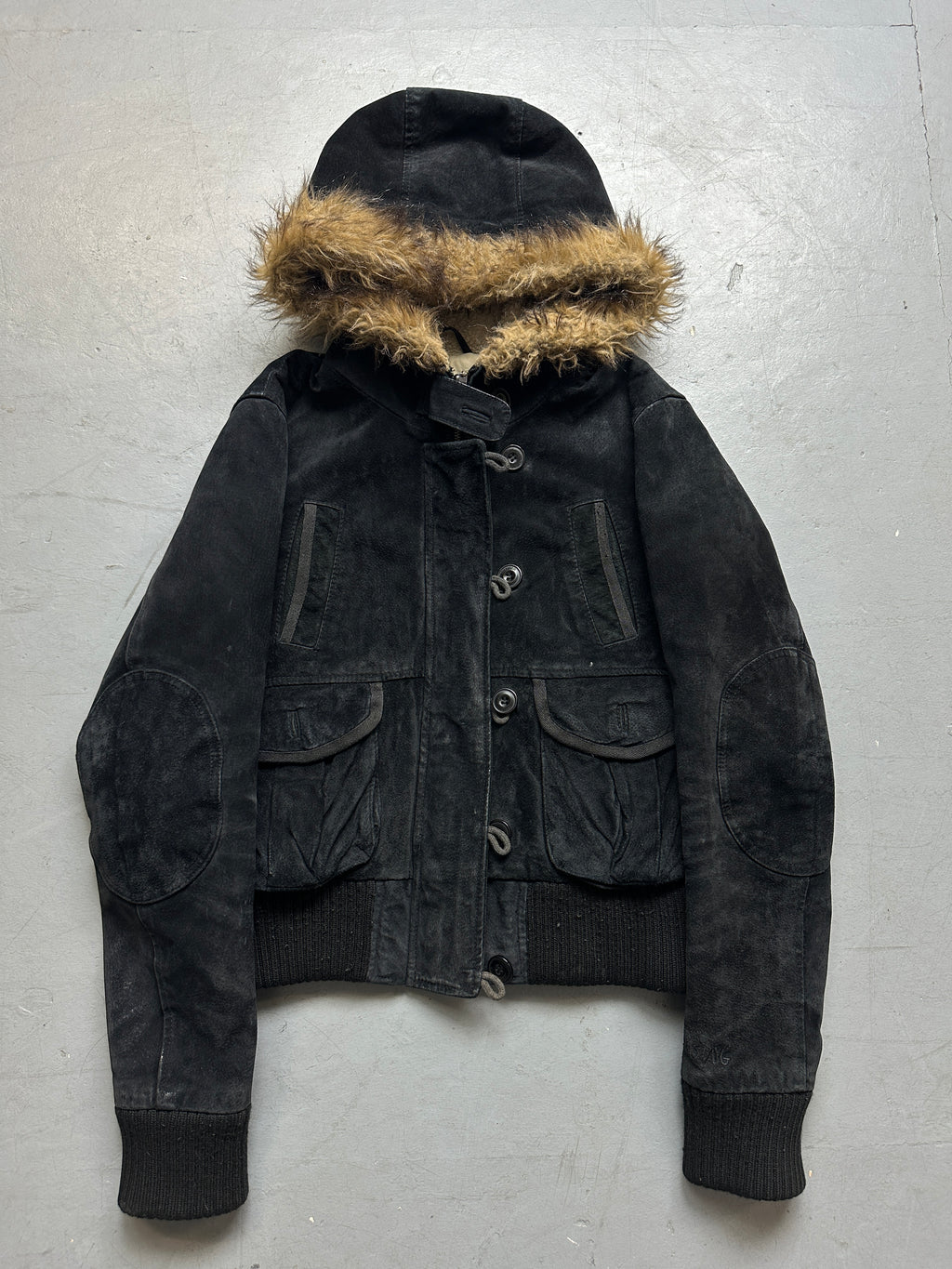 Vintage Mustang Black Fur Hooded Leather Jacket for women. Y2K Second Hand 2000s Fashion 