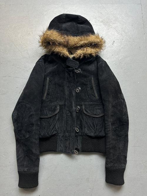 Vintage Mustang Black Fur Hooded Leather Jacket for women. Y2K Second Hand 2000s Fashion 