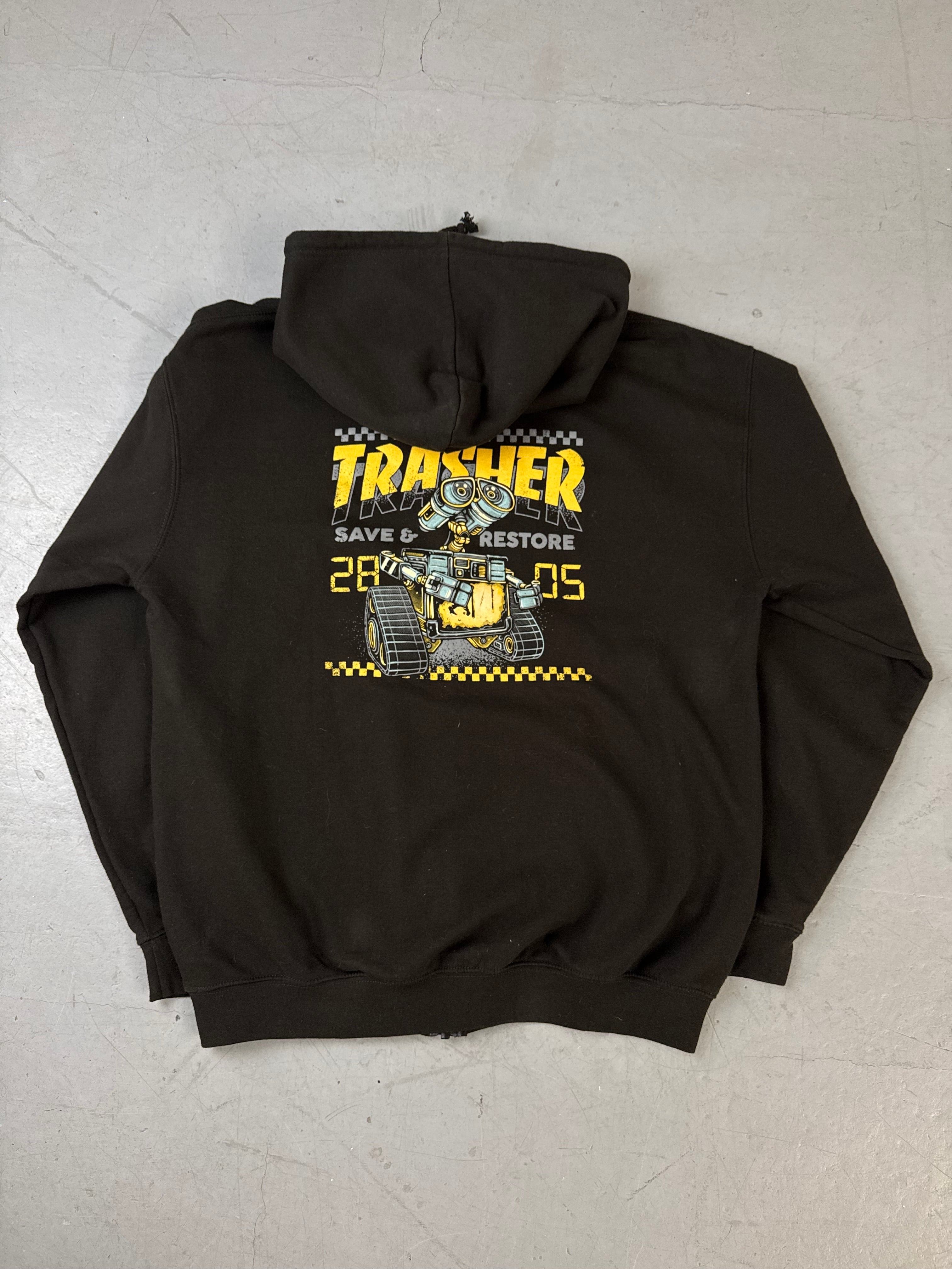 Vintage Thrasher Black Zip Up Hoodie with Backprint für Herren. Y2K 2000s Fashion.