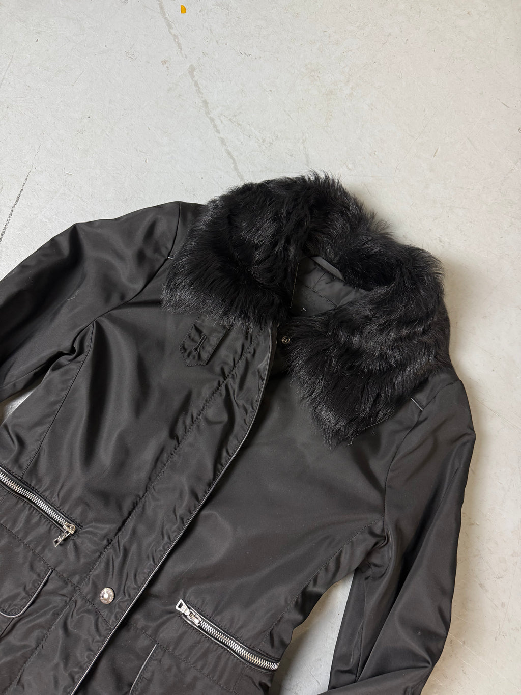 Vintage Prada Black Coat with Sheep Fur Collar M