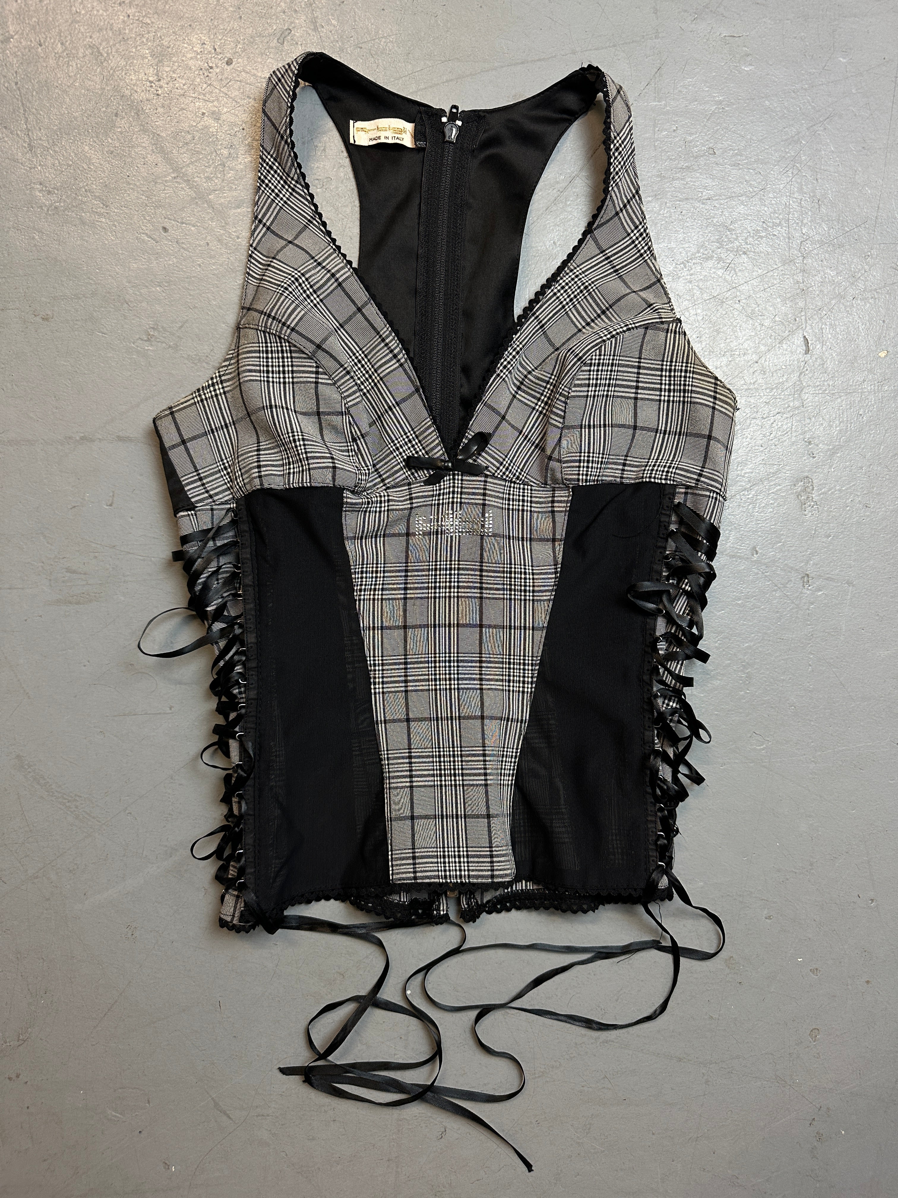 Vintage Artigli Plaid Lace Up Top mit kleiner Schleife für Frauen. Y2K Second Hand 2000s Fashion