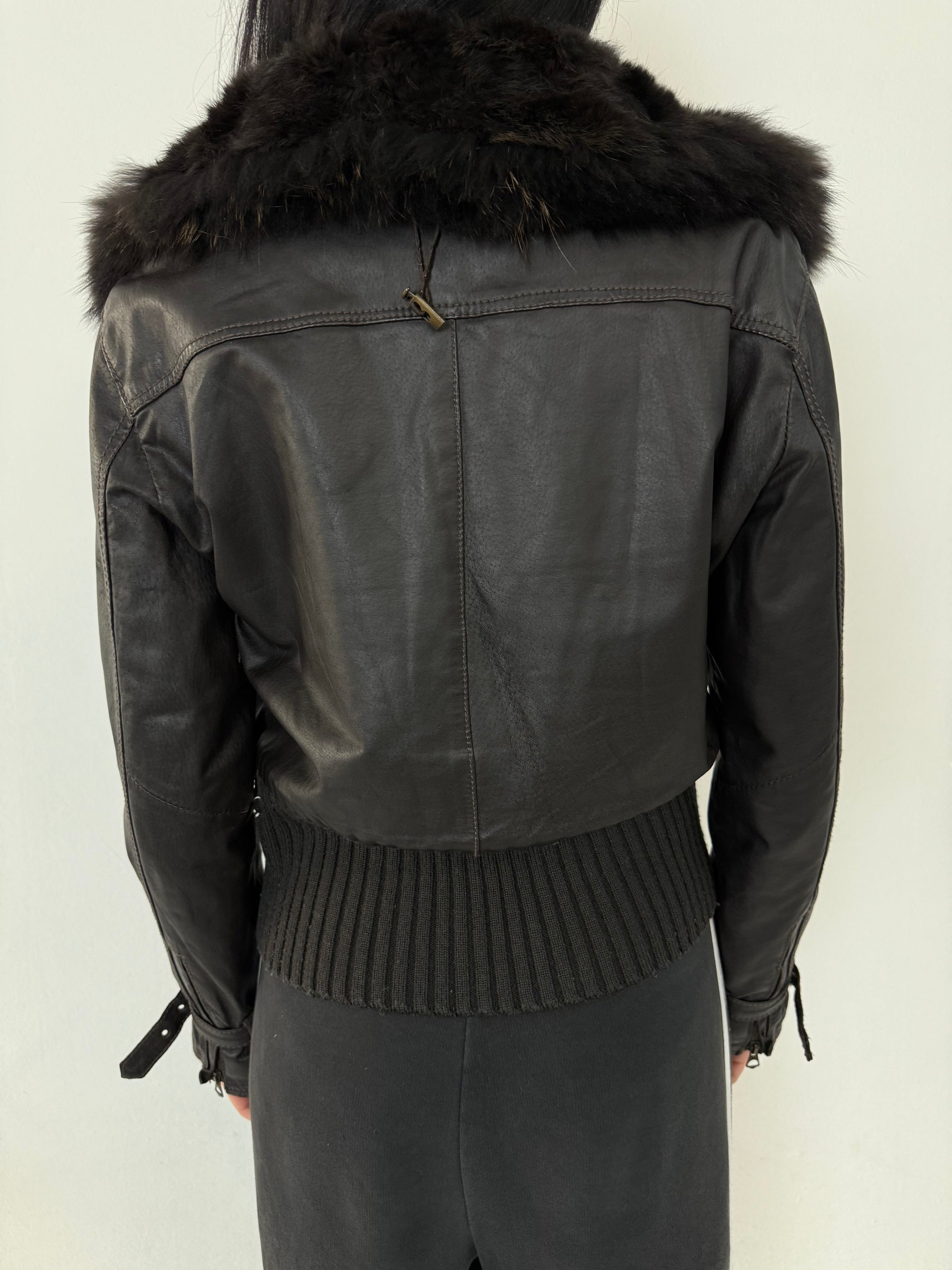 Vintage Black/Brown Leather Jacket with Faux Fur Collar M