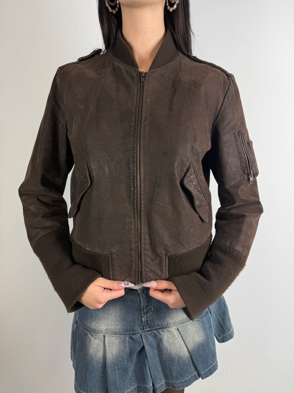 Tragebild von Vintage Brown Wild Leather Jacket S von vorne 