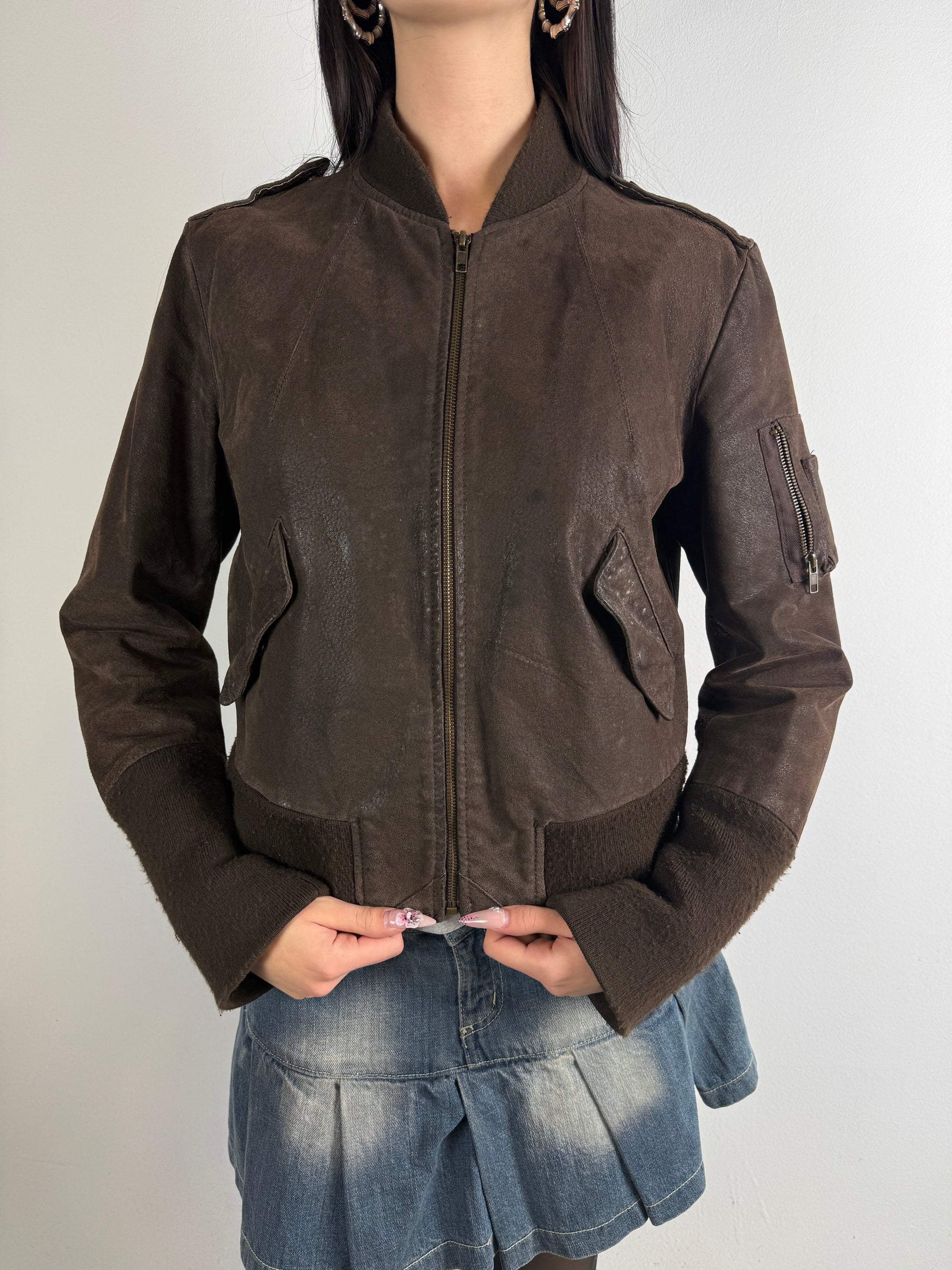 Tragebild von Vintage Brown Wild Leather Jacket S von vorne 