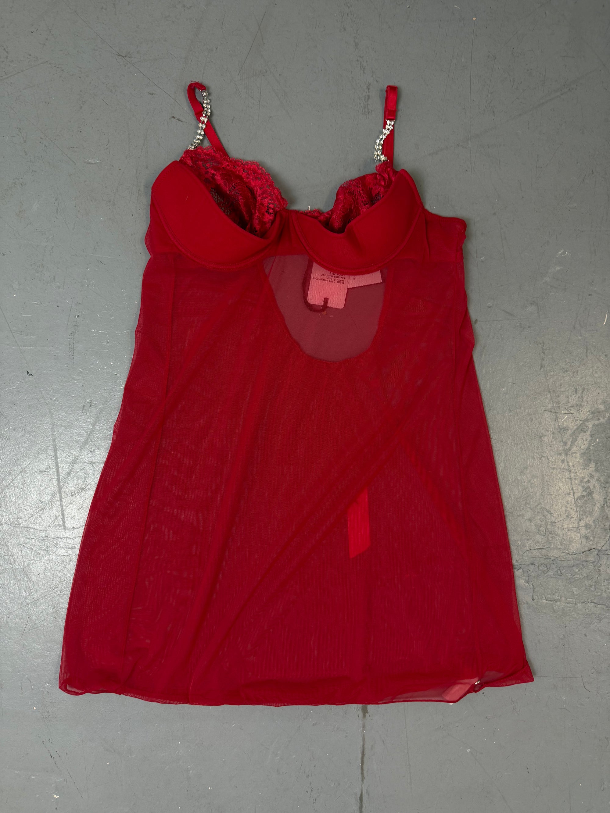 Vintage Red Mesh Top with Rhinestone Straps S