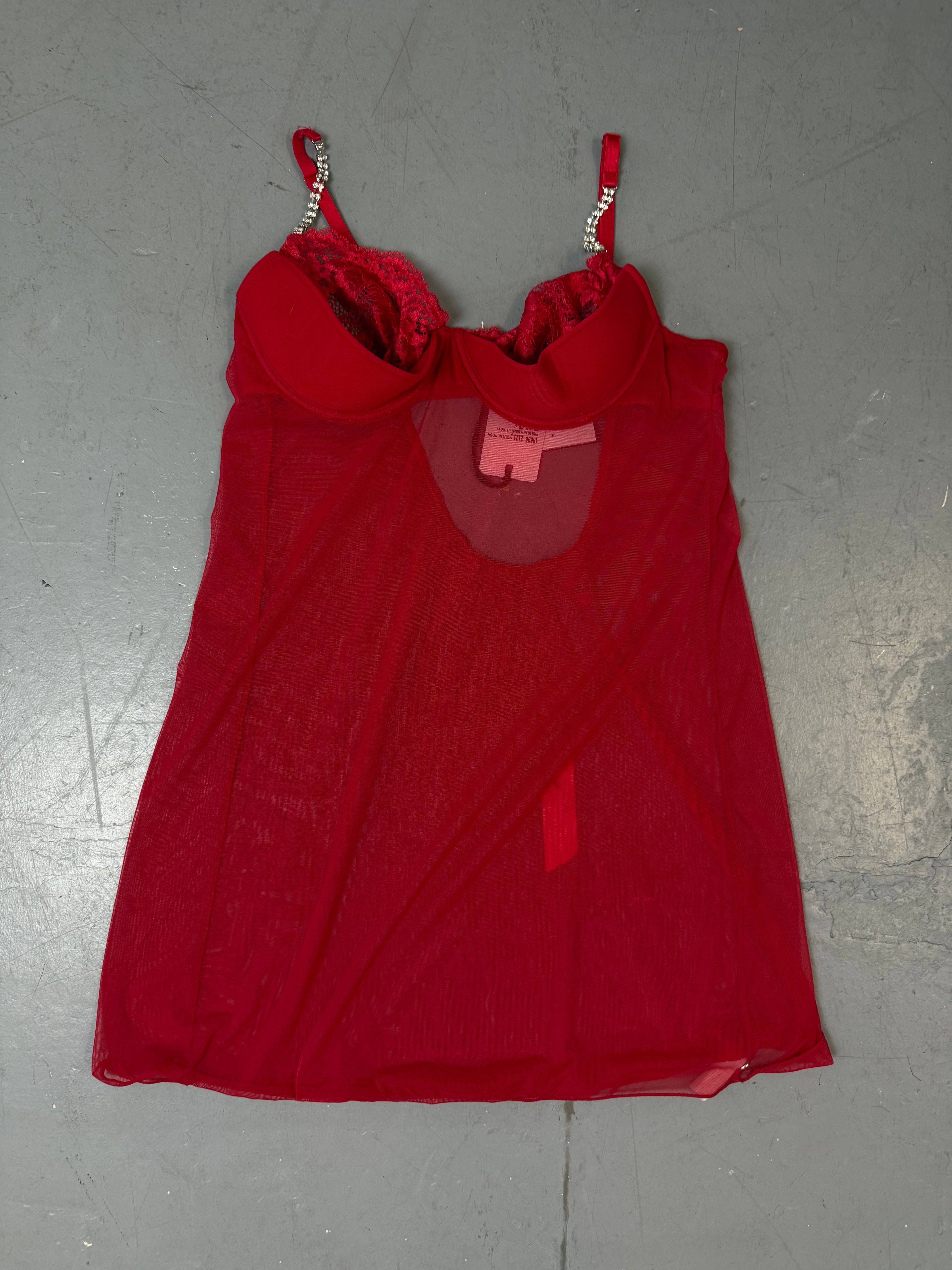 Vintage Red Mesh Top with Rhinestone Straps S
