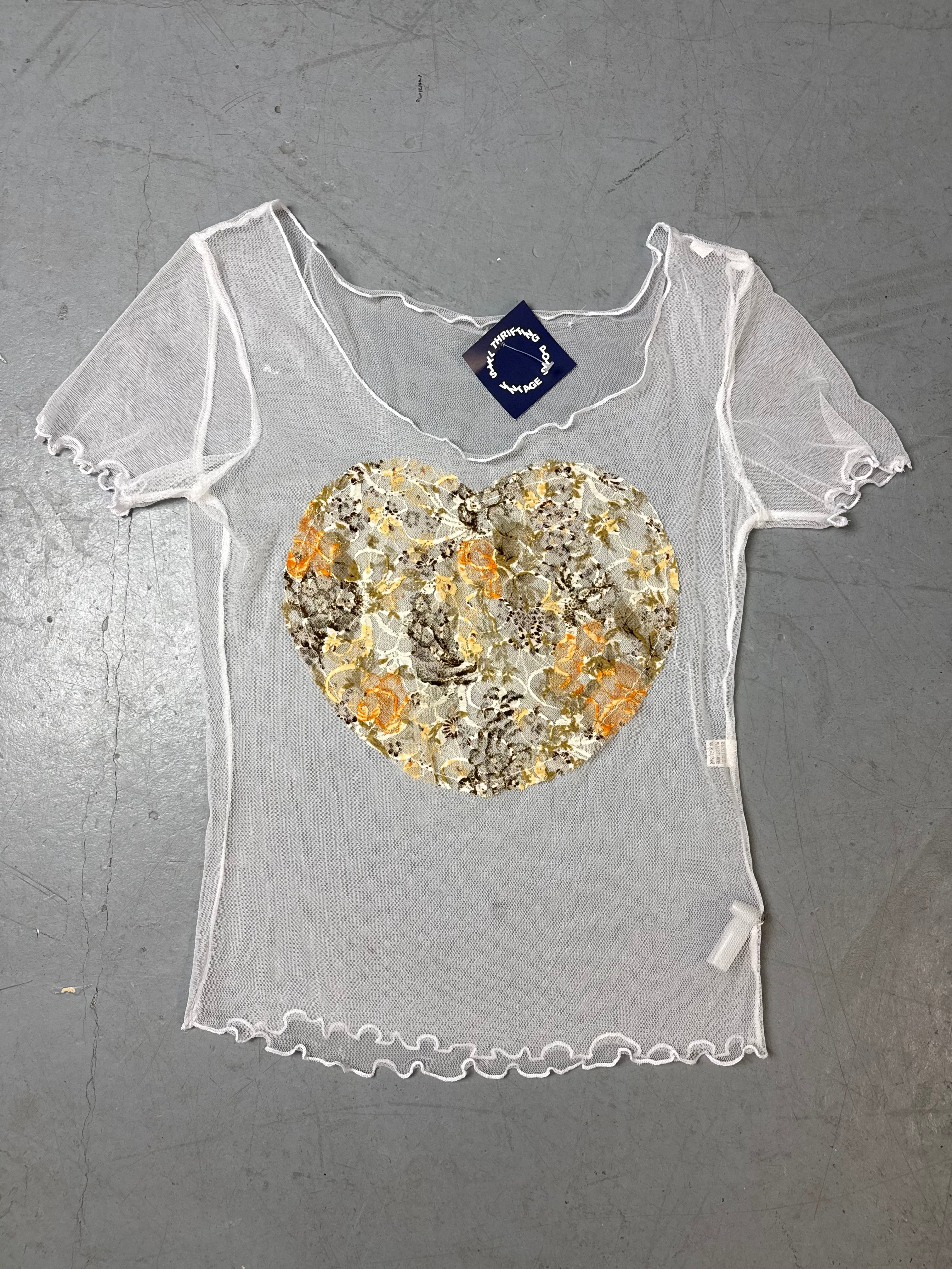 Produktbild von Vintage White Heart Embroidery Mesh T-Shirt M von vorne