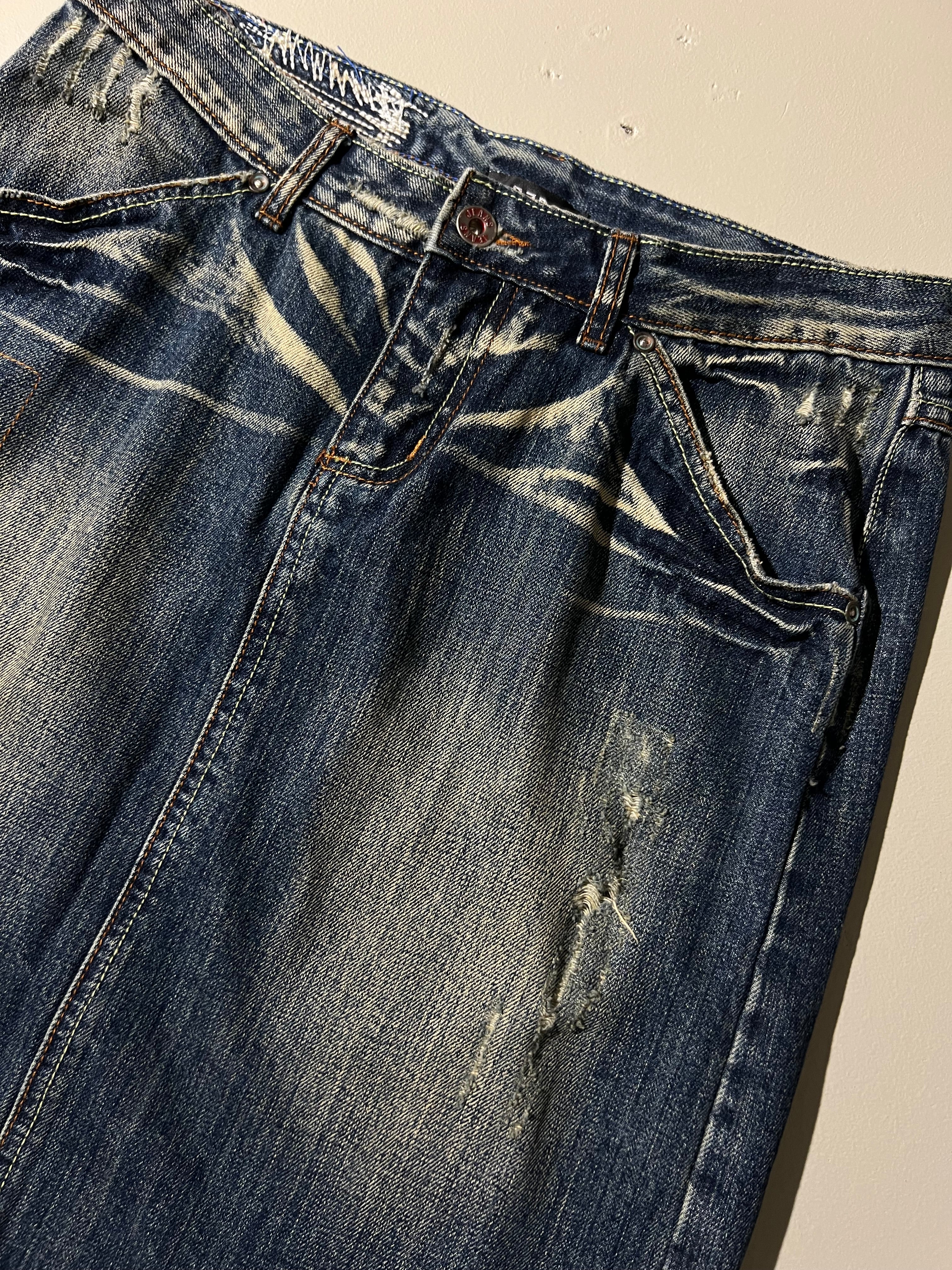 Vintage Jeans Midi Skirt with Ripped Details M