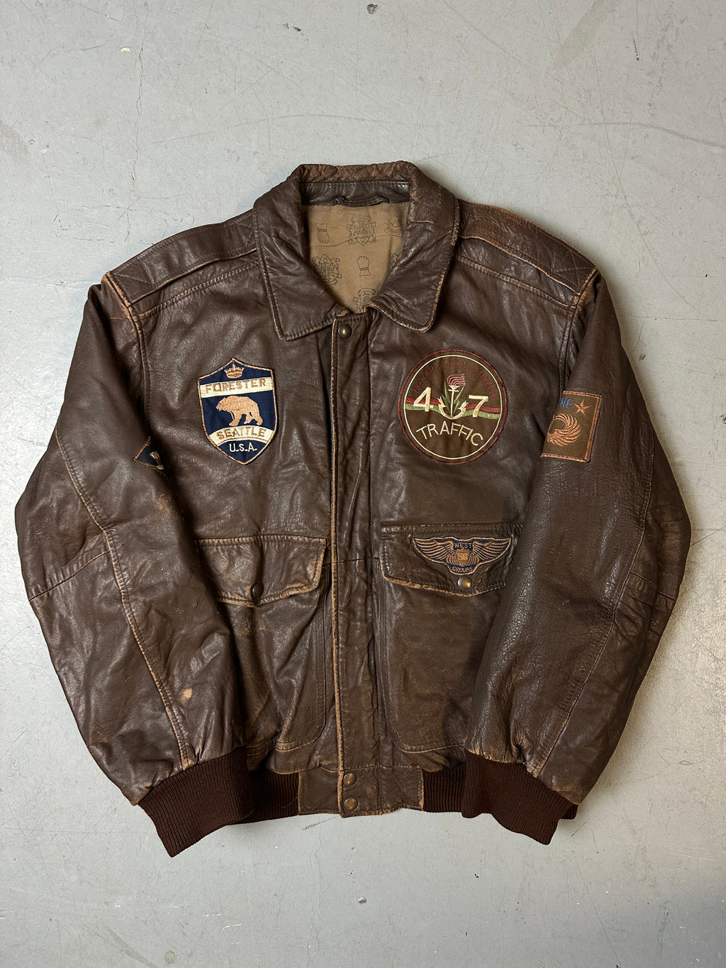 Vintage Brown Real Leather Jacket with Patches M