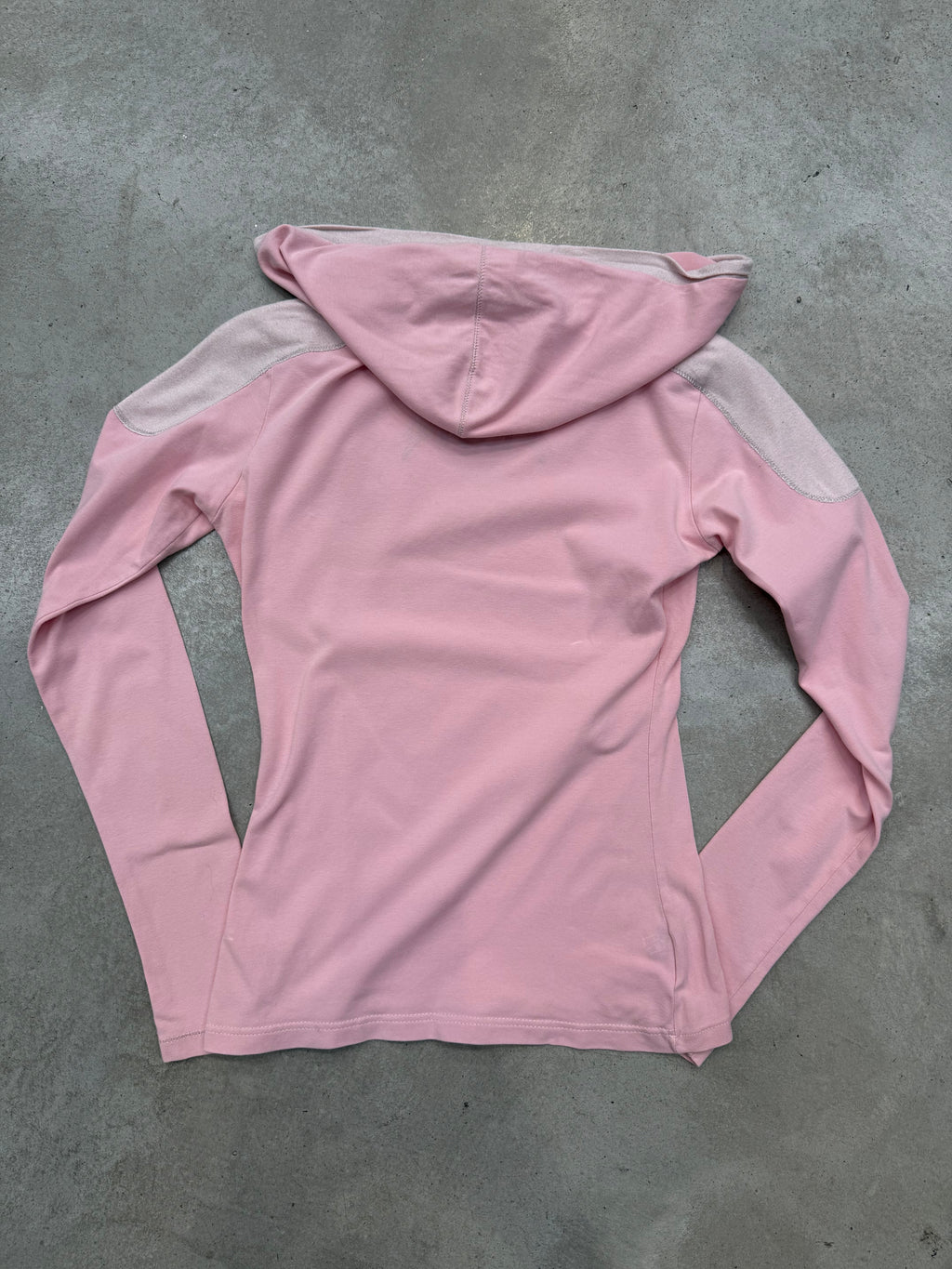 Vintage AngelDevil Pink and White Hooded Longsleeve für Herren Y2K Second Hand Fashion