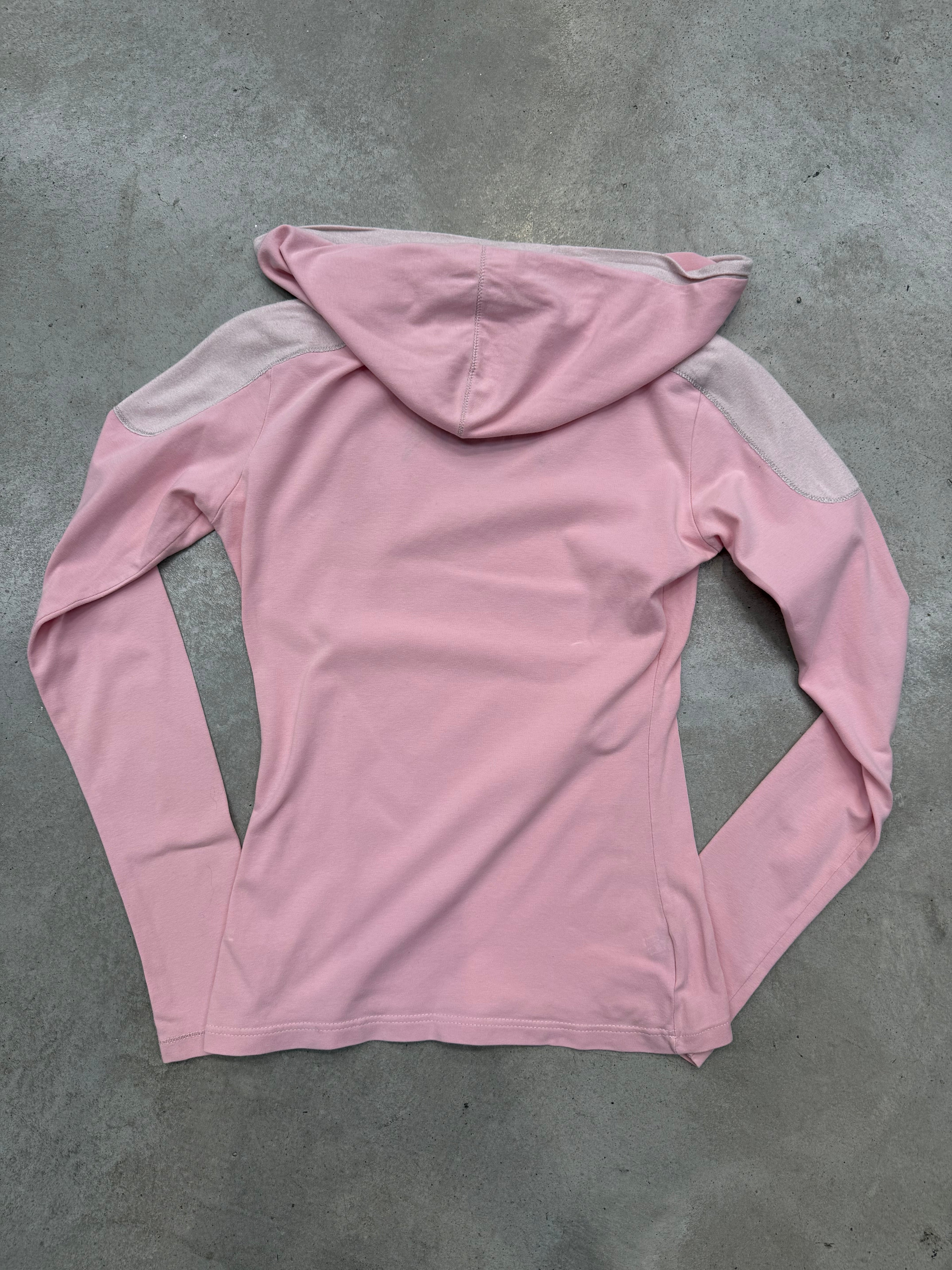 Vintage AngelDevil Pink and White Hooded Longsleeve für Herren Y2K Second Hand Fashion