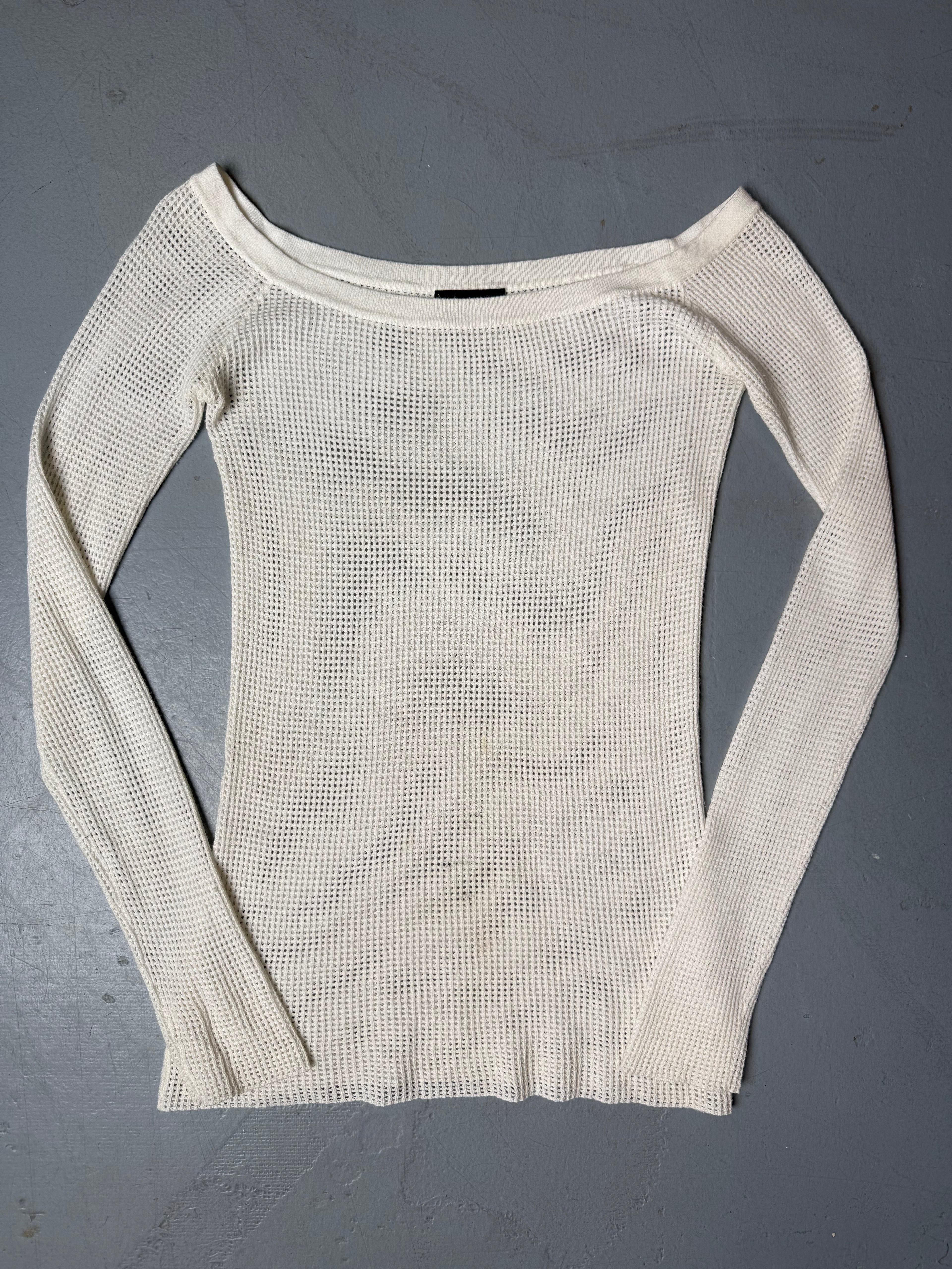 Vintage Liu Jo White Fishnet Offshoulder Longsleeve für Damen. Y2K Second Hand 2000s Fashion