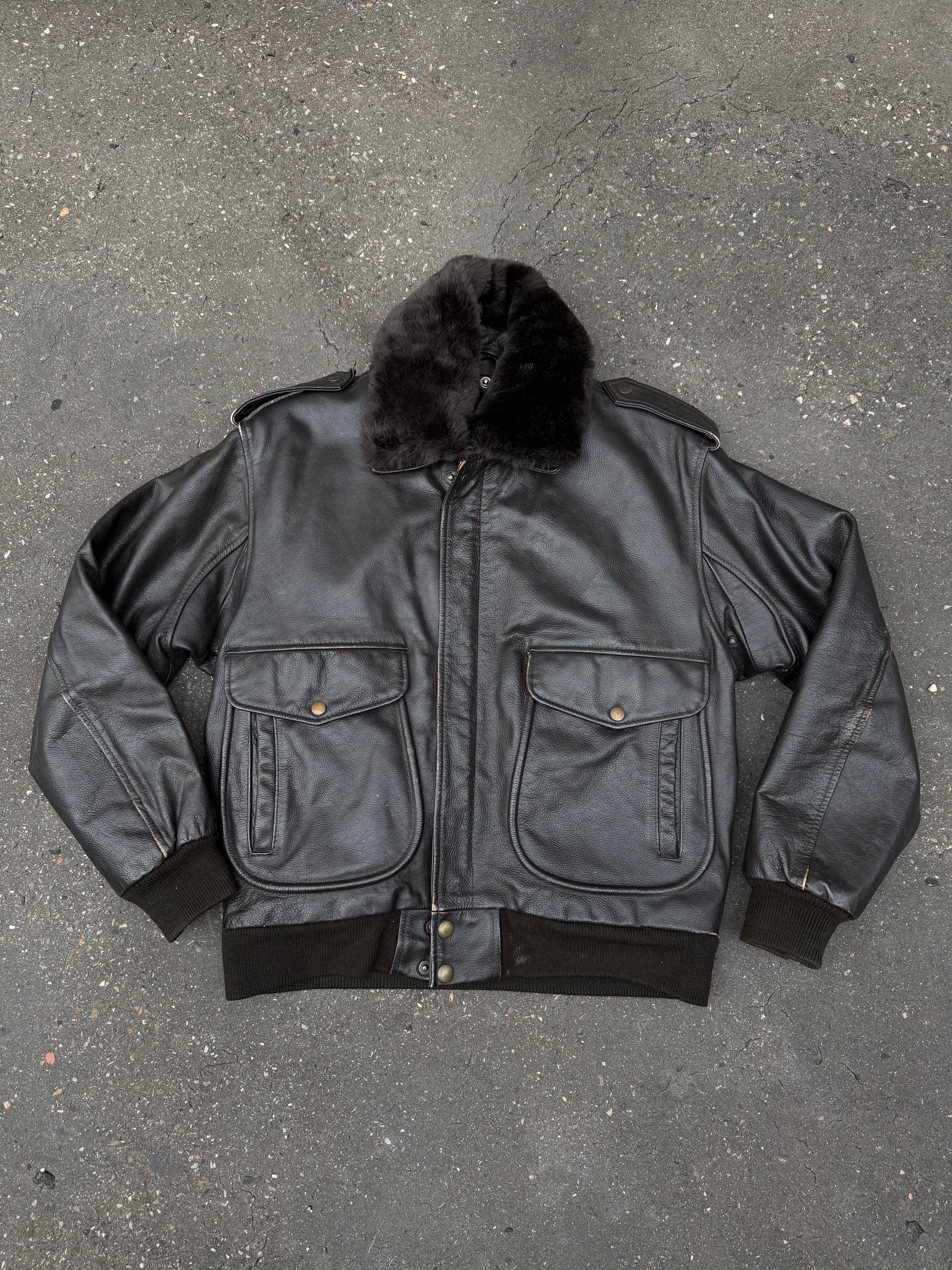 Vintage Brown Double Lined Leather Jacket with Removable Fur Collar