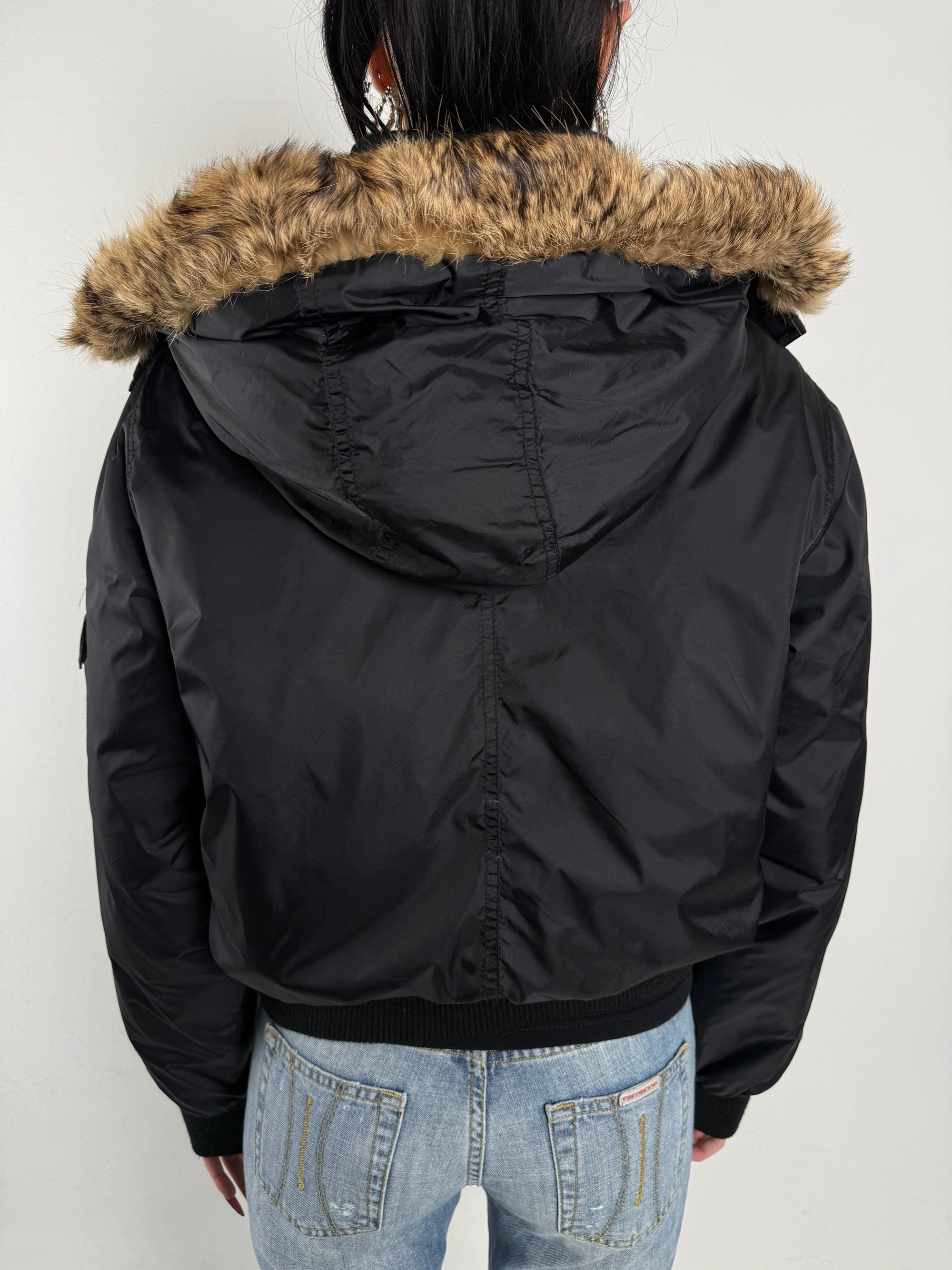 Vintage Y2K Black Bomber Jacket with Fur Hood M/L