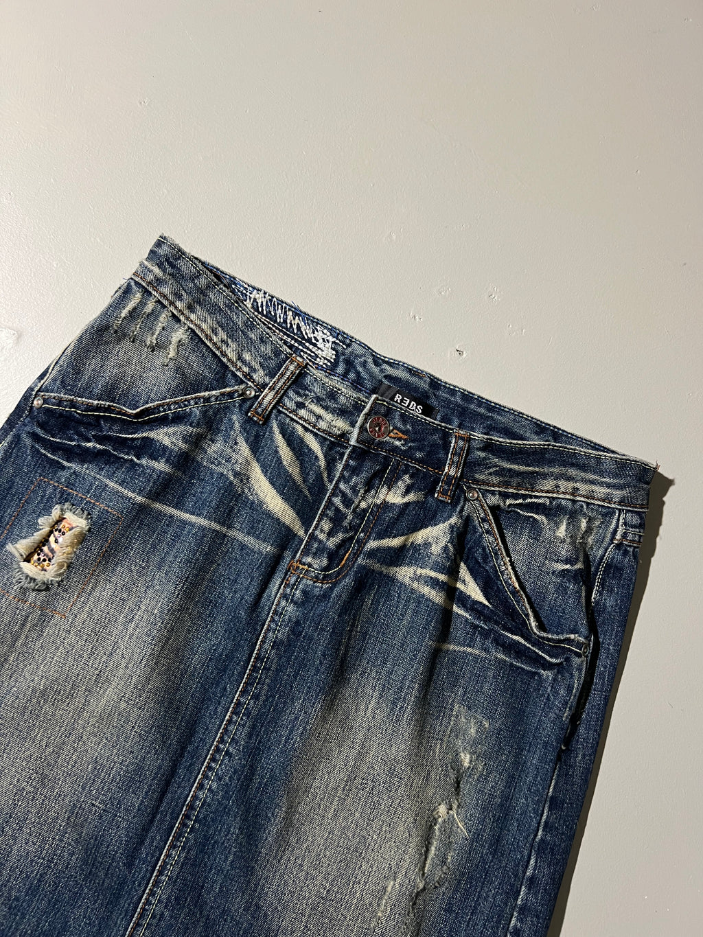 Vintage Jeans Midi Skirt with Ripped Details M