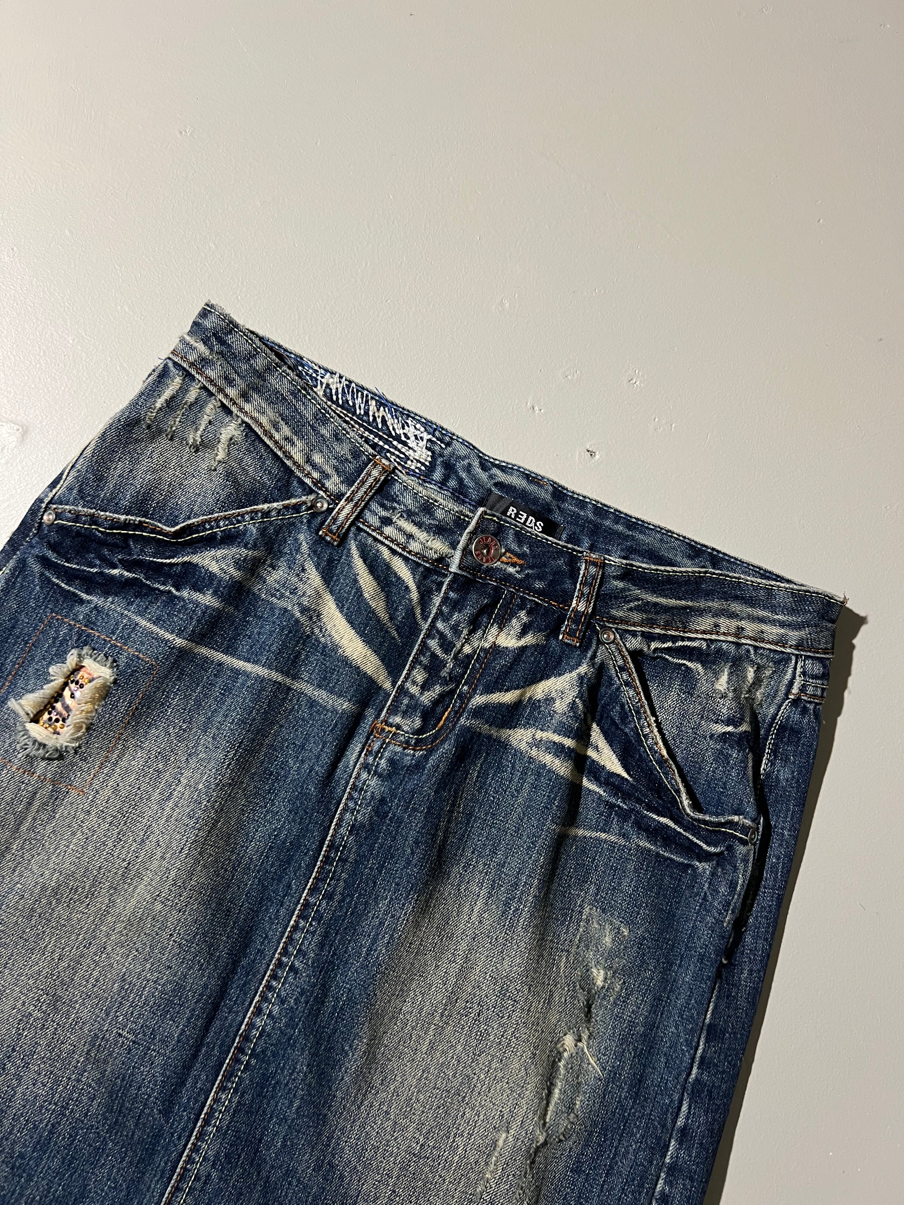 Vintage Jeans Midi Skirt with Ripped Details M