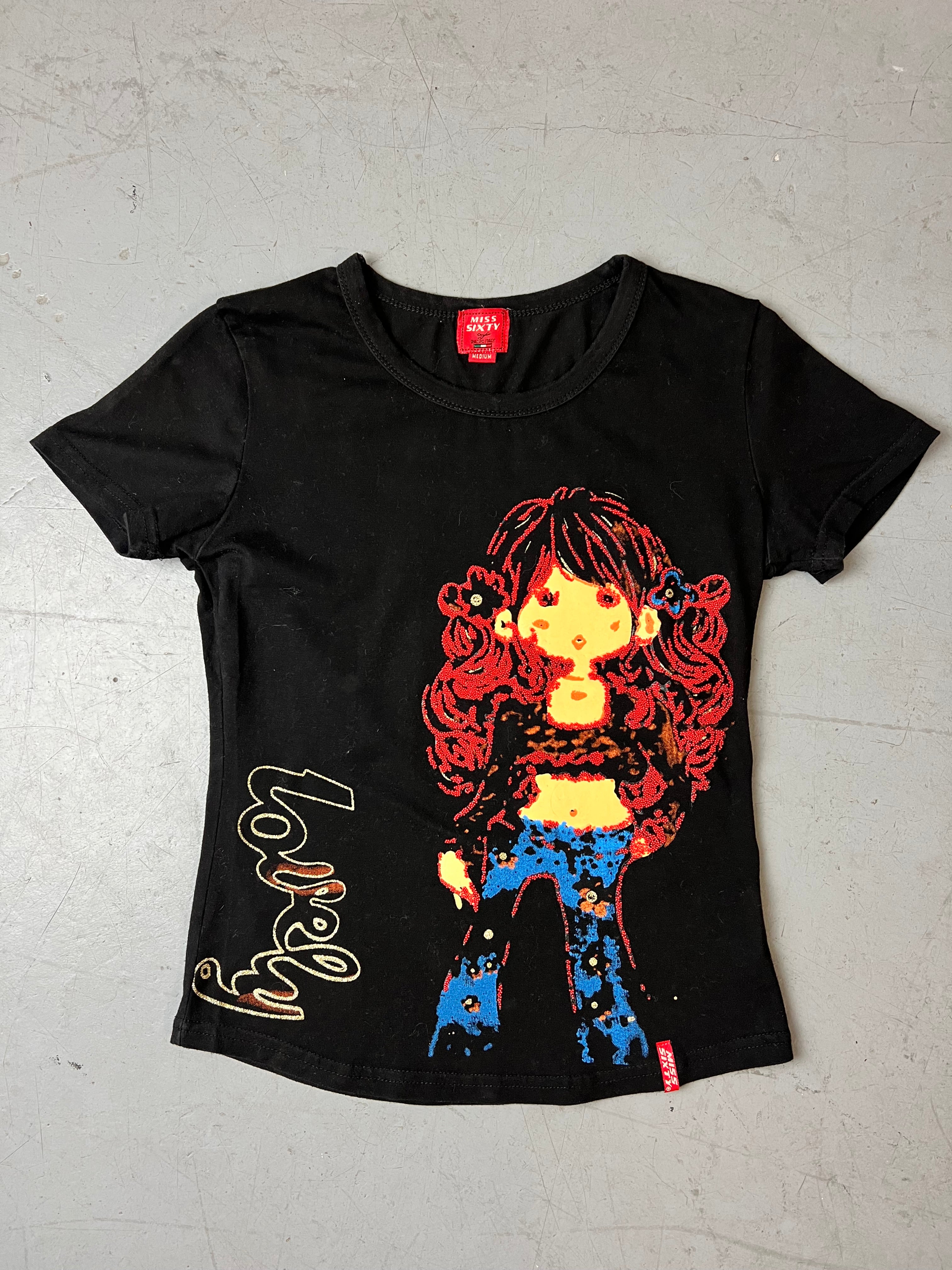Vintage Miss Sixty Black Printed T-Shirt mit bunten Details für Damen. Y2K Second Hand 2000s Fashion