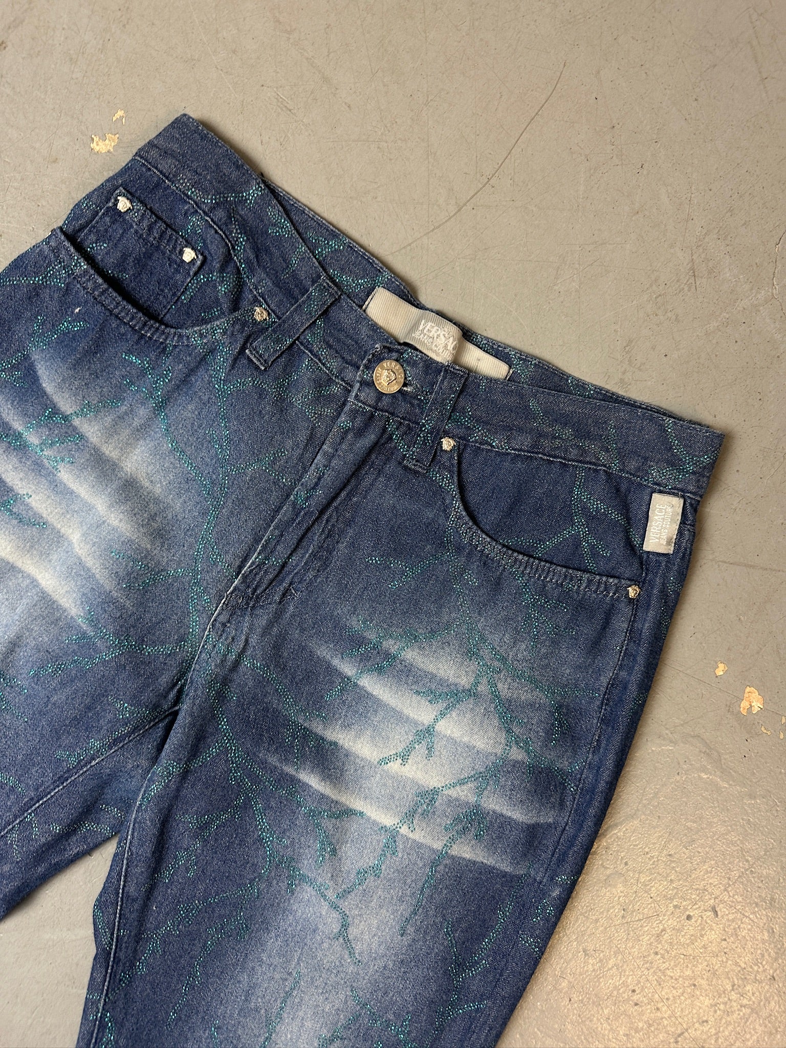 Vintage Versace Bootcut Denim with Blue Glitter Details XS