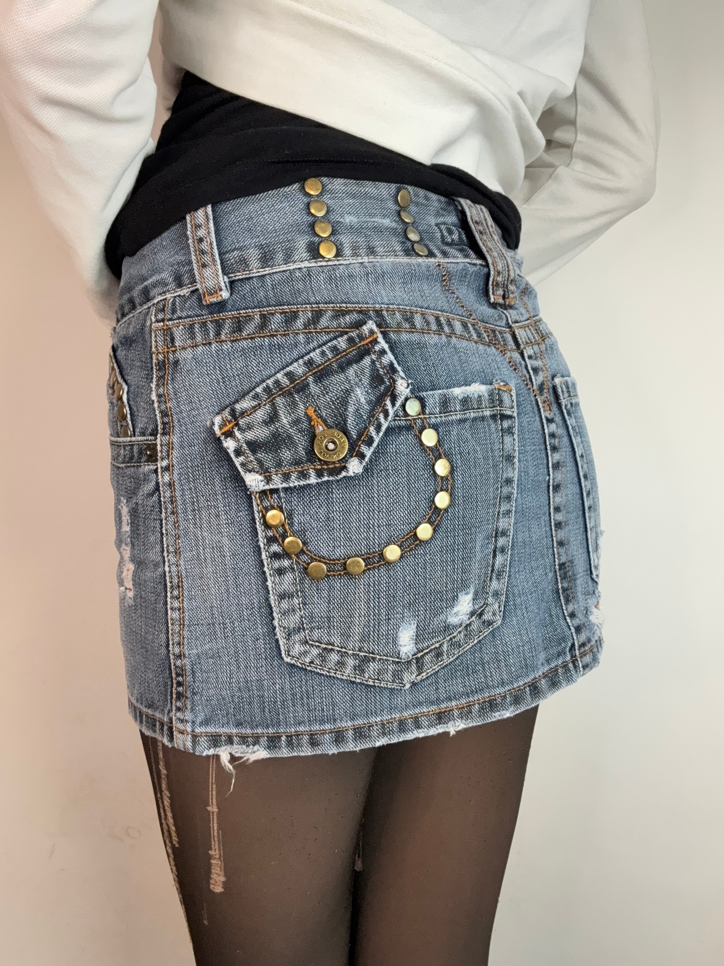 Vintage Denim Mini Skirt with Gold Studs S