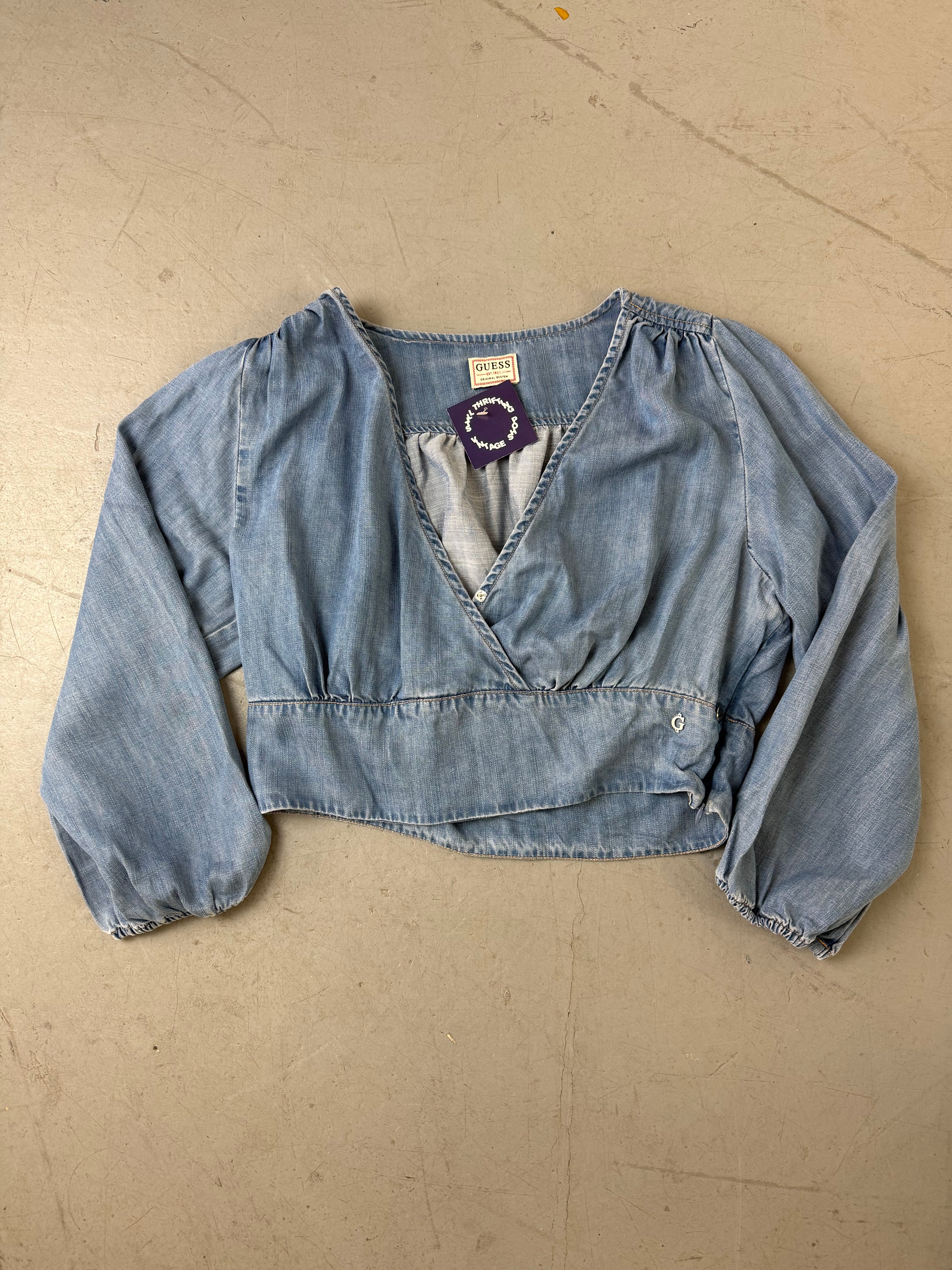 Vintage Guess Denim Half Sleeve Crop Top für Damen. Y2K Second Hand 2000s Fashion