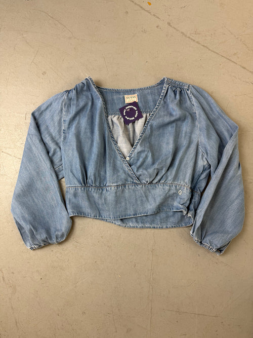 Vintage Guess Denim Half Sleeve Crop Top für Damen. Y2K Second Hand 2000s Fashion