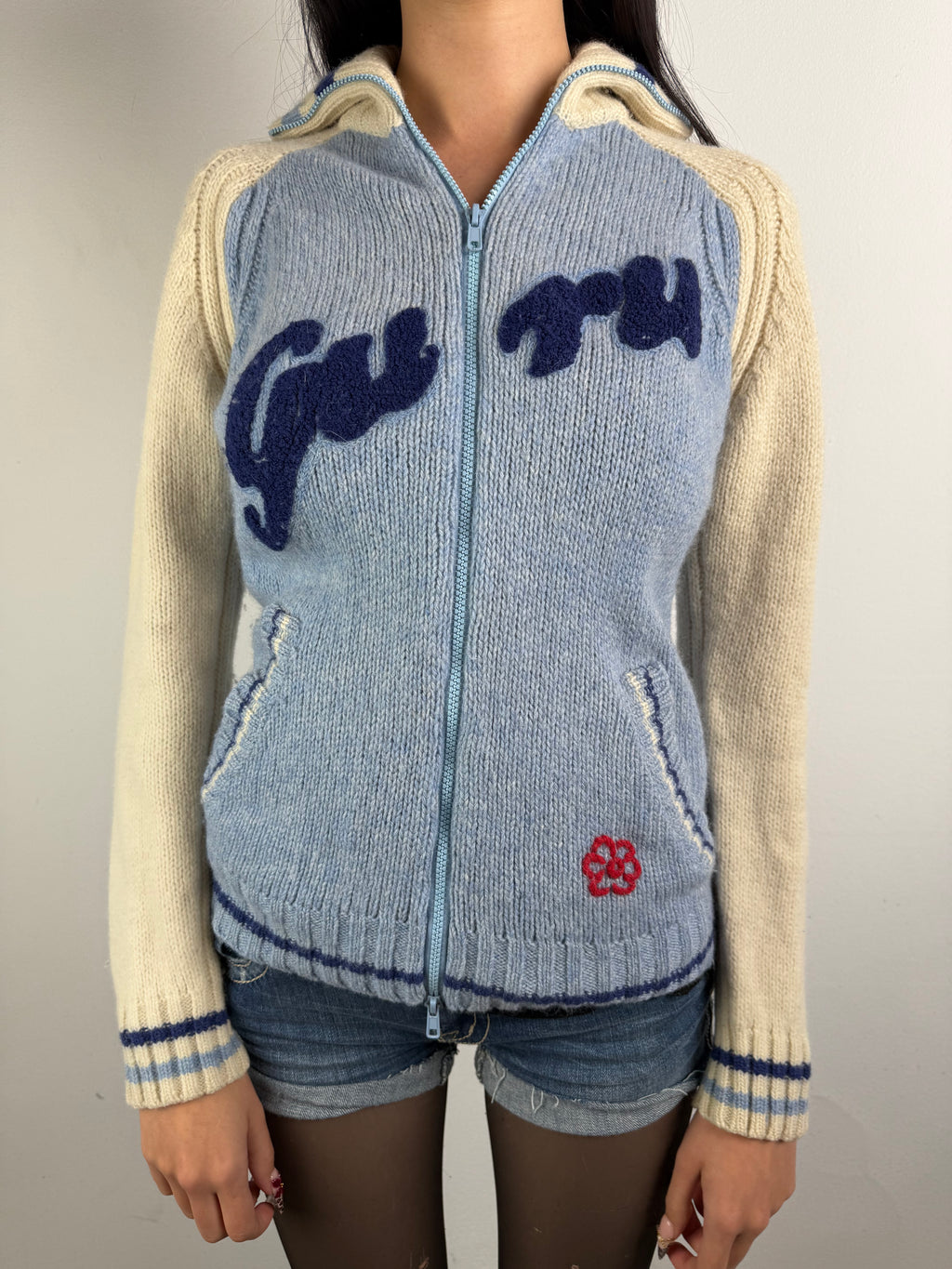 Vintage Guru Blue and Cream Knit Zip Up M