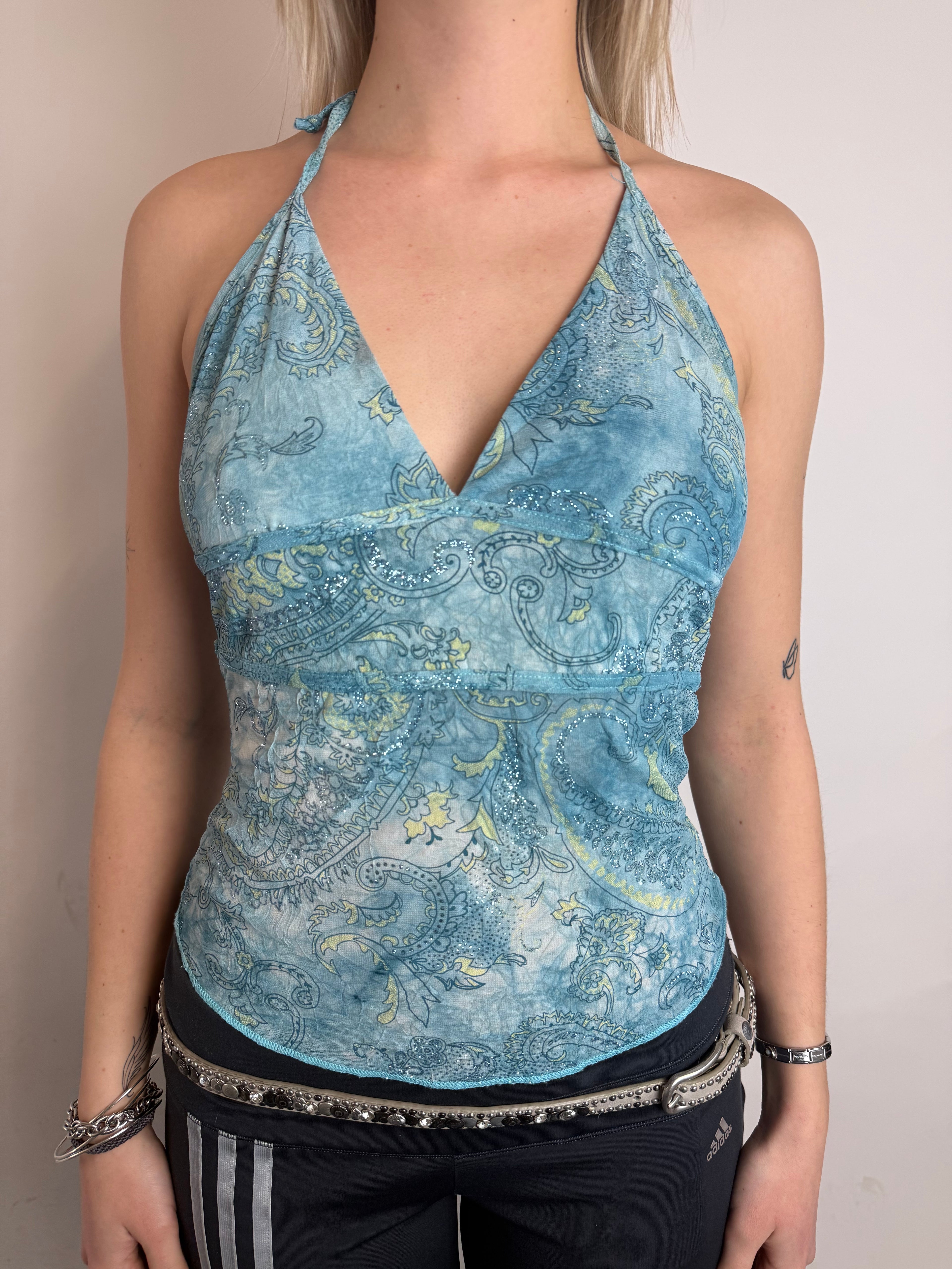 Vintage Blue Paisley Neckholder Top für Damen. Y2K Second Hand 2000s Fashion