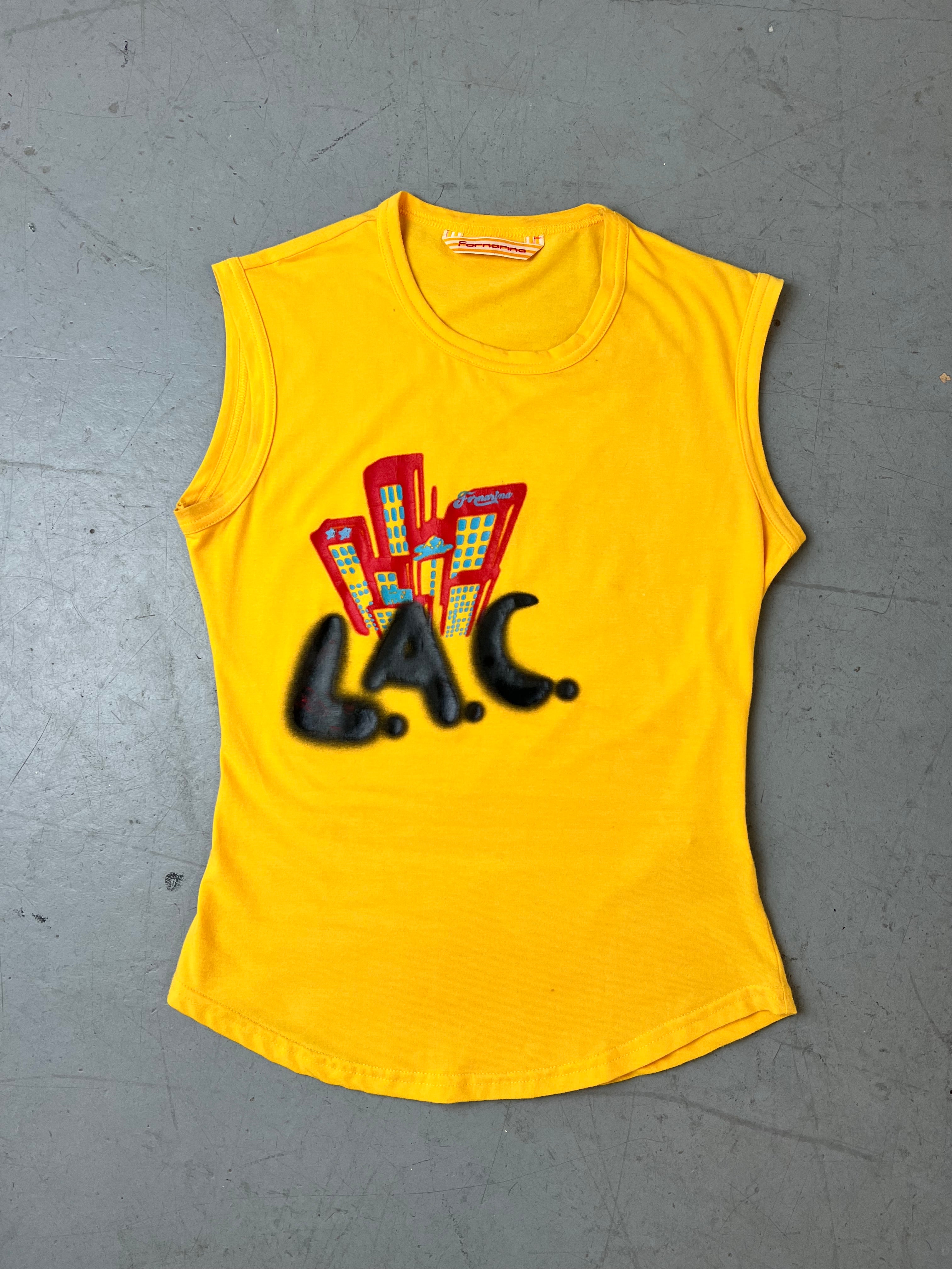 Vintage Fornarina Yellow Printed Tanktop für Damen. Y2K Second Hand 2000s Fashion