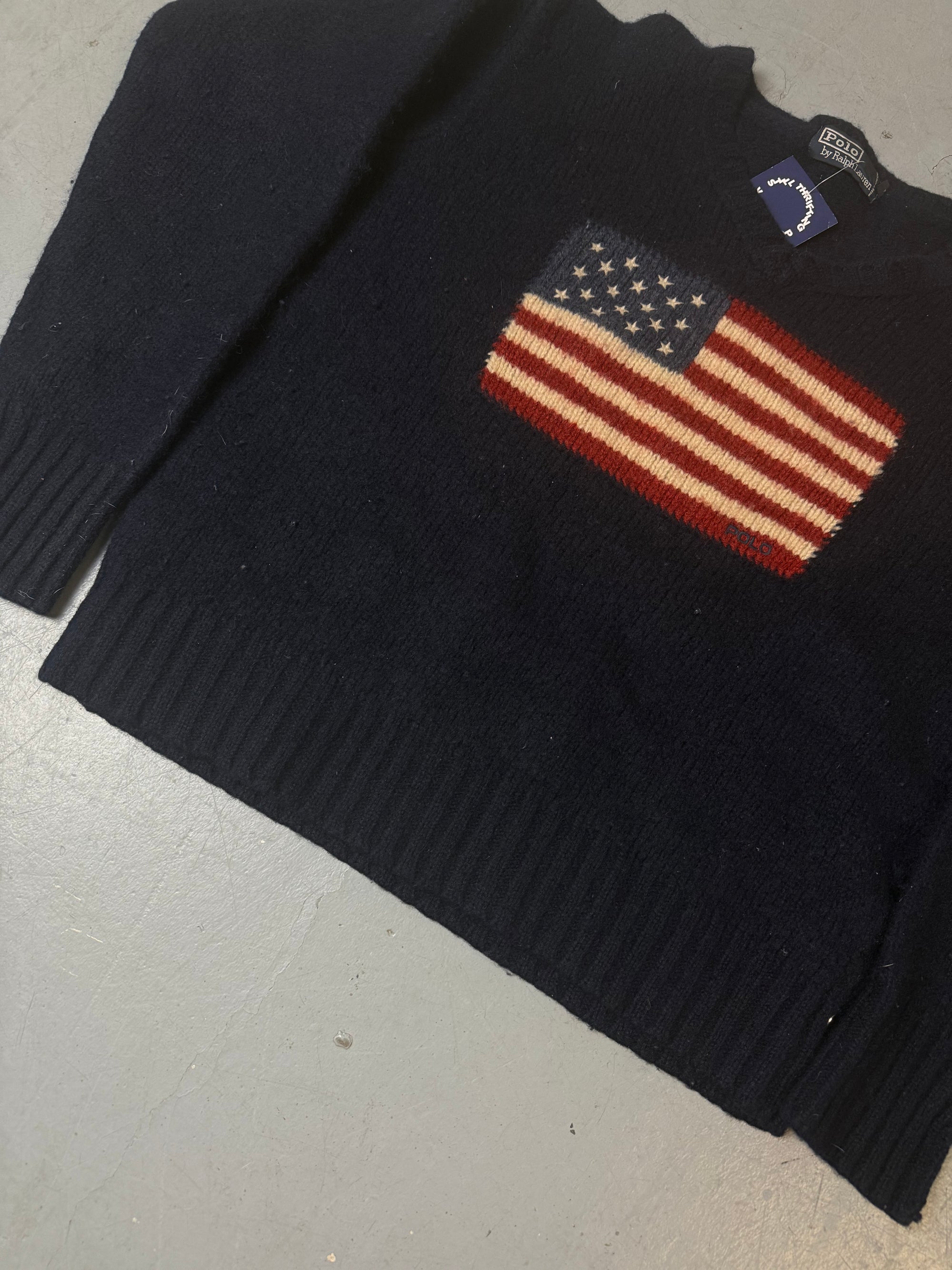 Vintage Polo Ralph Lauren USA Flag Dark Blue Knit Sweater M