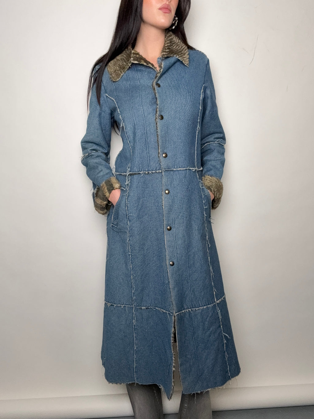 Vintage Denim Coat with Faux Fur Lining M