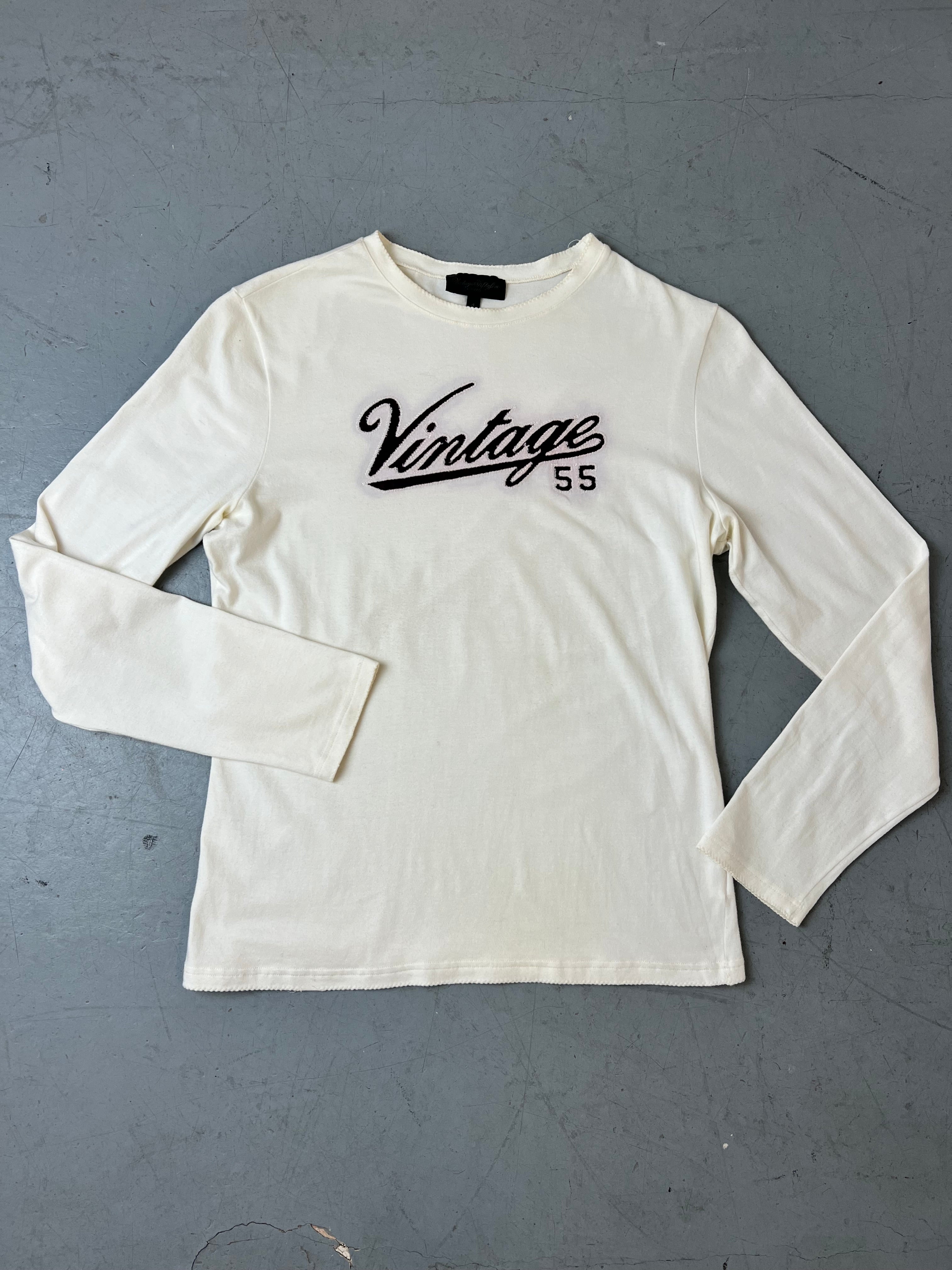 Vintage Fiftyfive White Printed Longsleeve für Damen. Y2K Second Hand 2000s Fashion