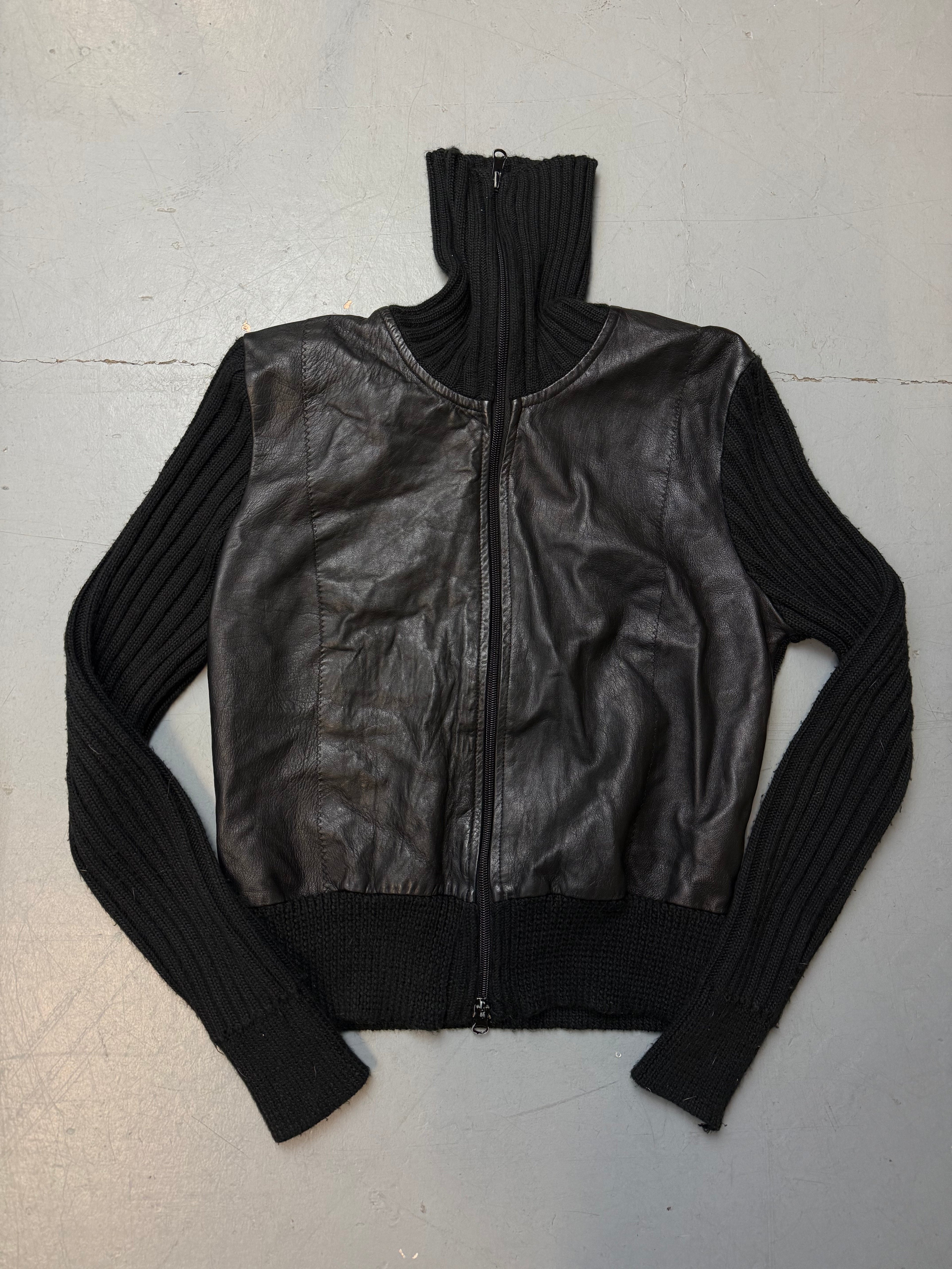 Vintage Black Knit and Leather Zip Up für Damen. Y2K Second Hand 2000s Fashion