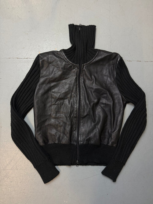 Vintage Black Knit and Leather Zip Up für Damen. Y2K Second Hand 2000s Fashion